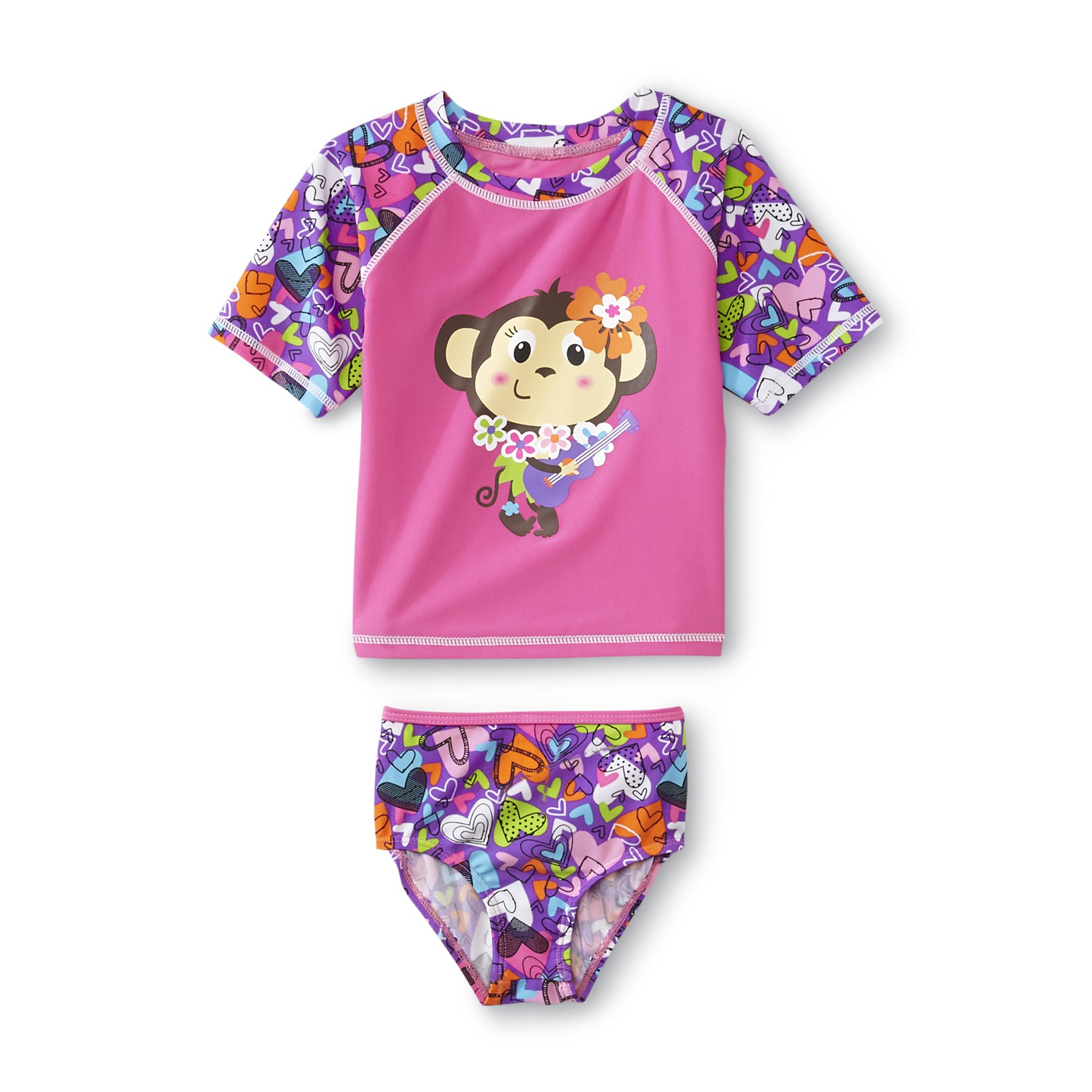 Joe Boxer Infant & Toddler Girl's Rash Guard Shirt & Bikini Bottoms - Monkey & Hearts