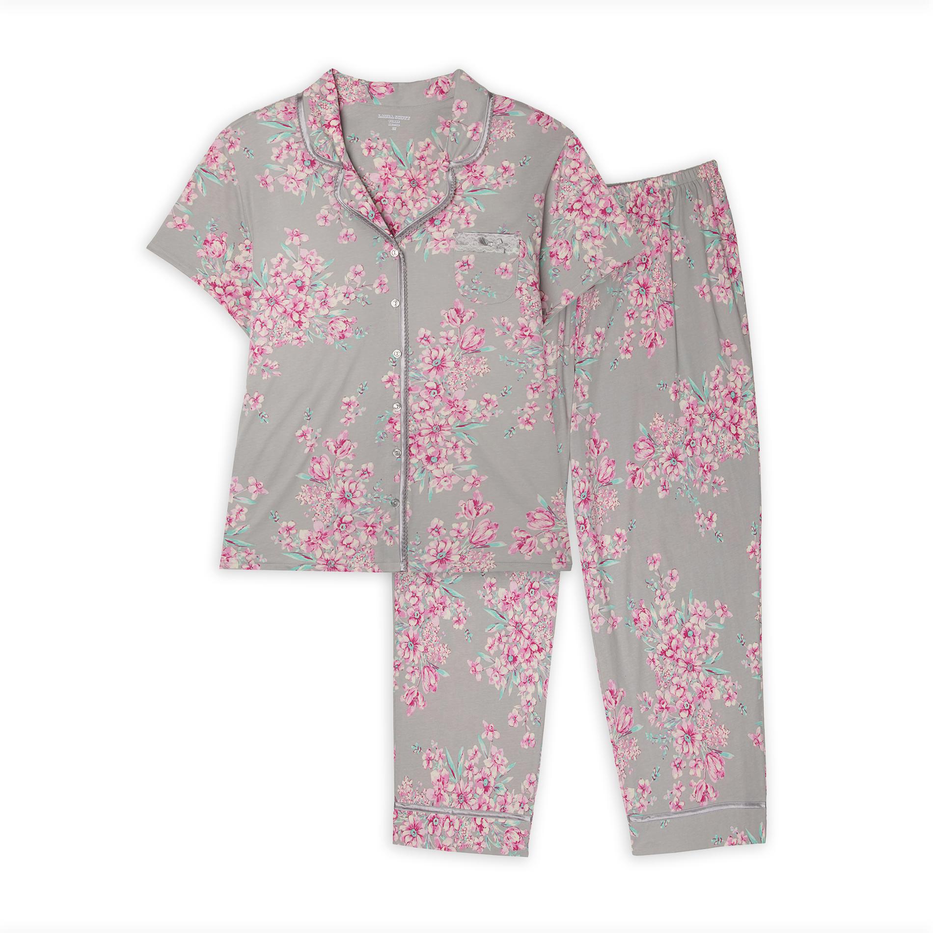 Laura Scott Women's Plus Satin-Trimmed Pajama Top & Pants - Floral