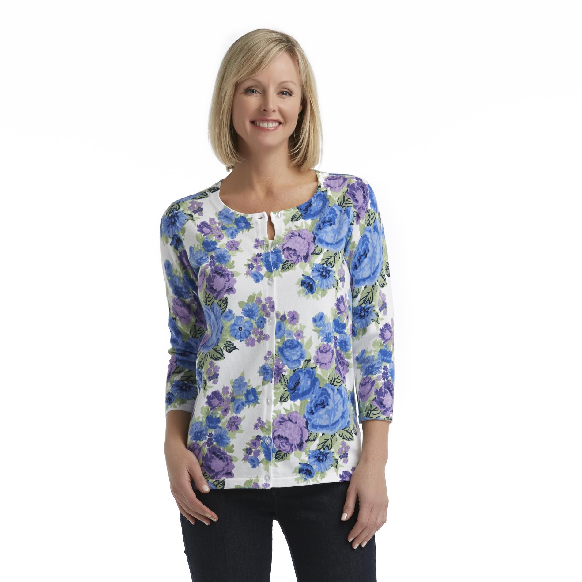 Laura Scott Women's Three-Quarter Sleeve Cardigan Sweater - Floral