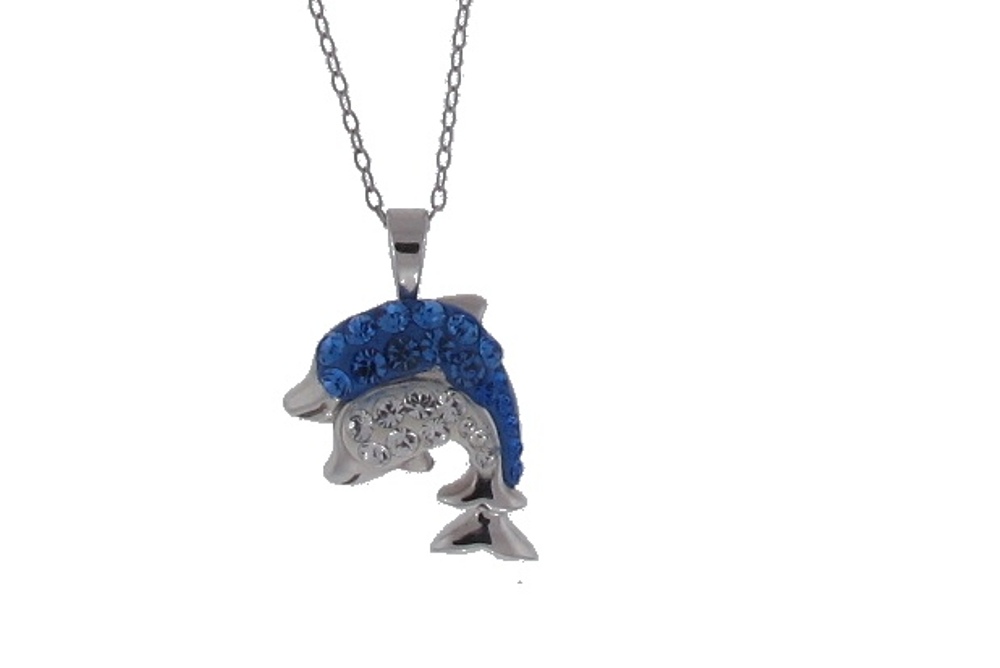 Silver Plated over Bronze Blue and White Dolphin Pendant