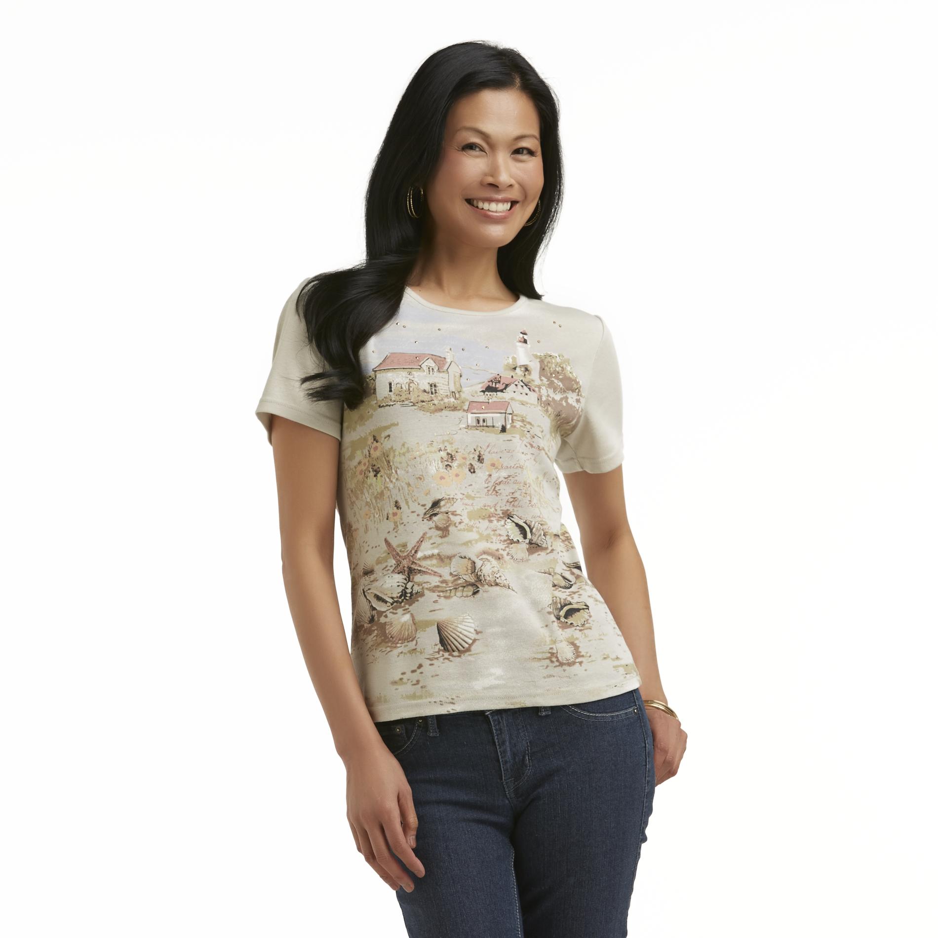 Basic Editions Women's Studded Graphic T-Shirt - Lighthouse & Seashells