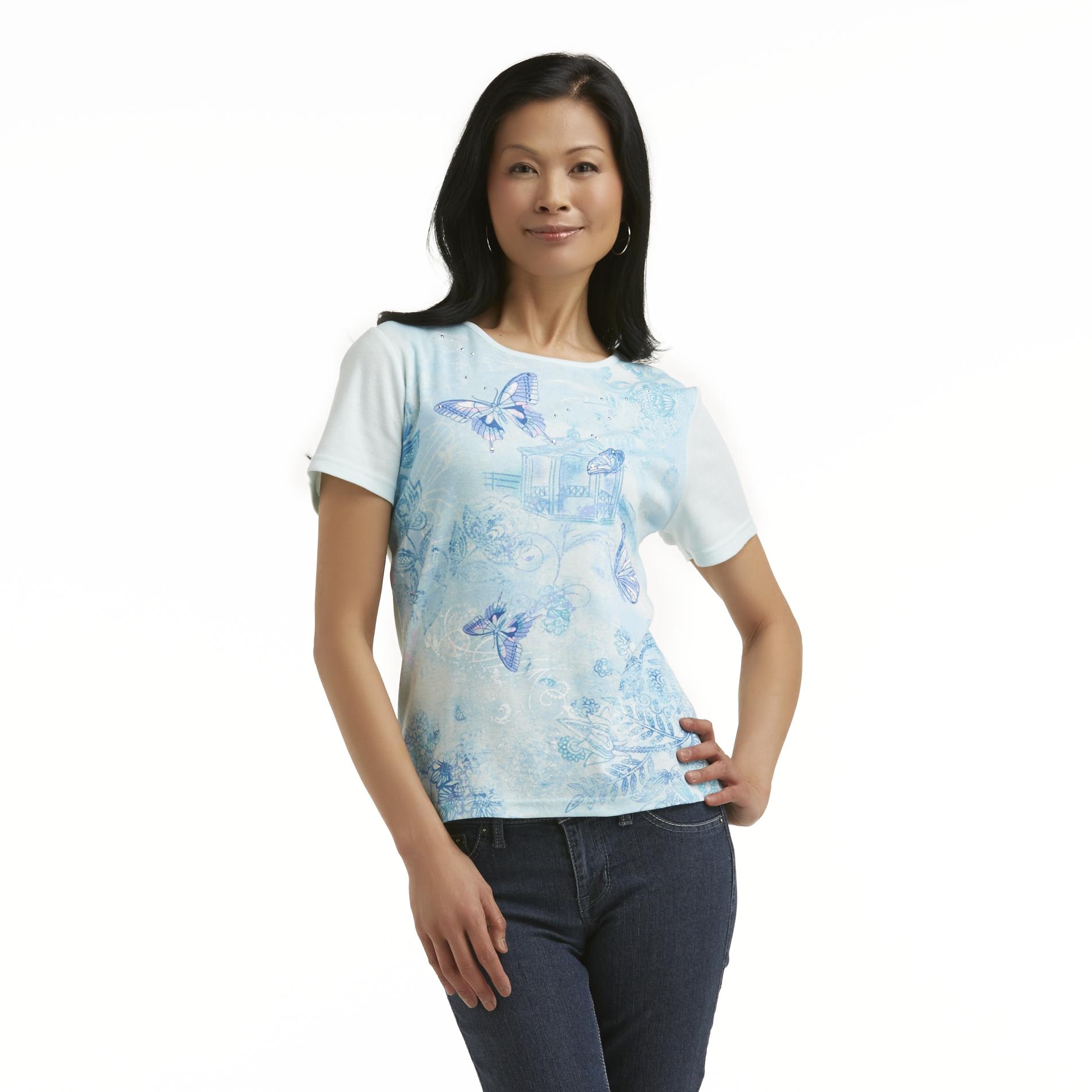 Basic Editions Women's Studded Graphic T-Shirt - Butterfly & Gazebo