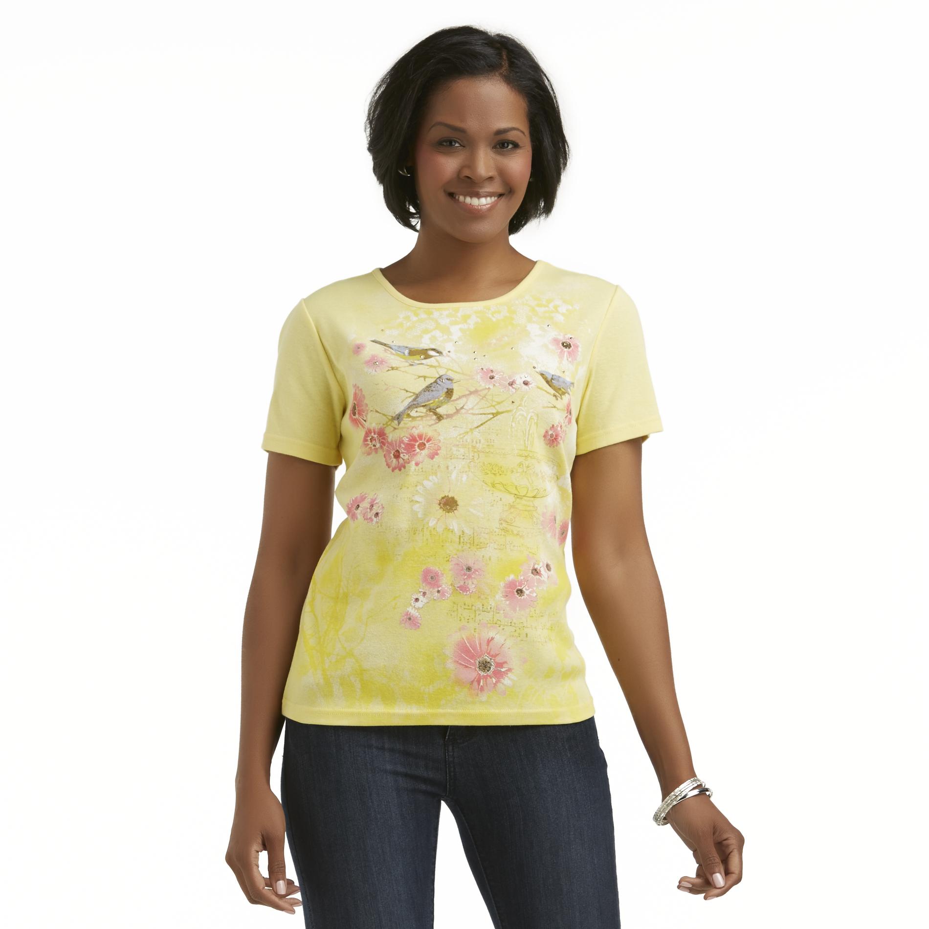Basic Editions Women's Studded Graphic T-Shirt - Birds & Flowers
