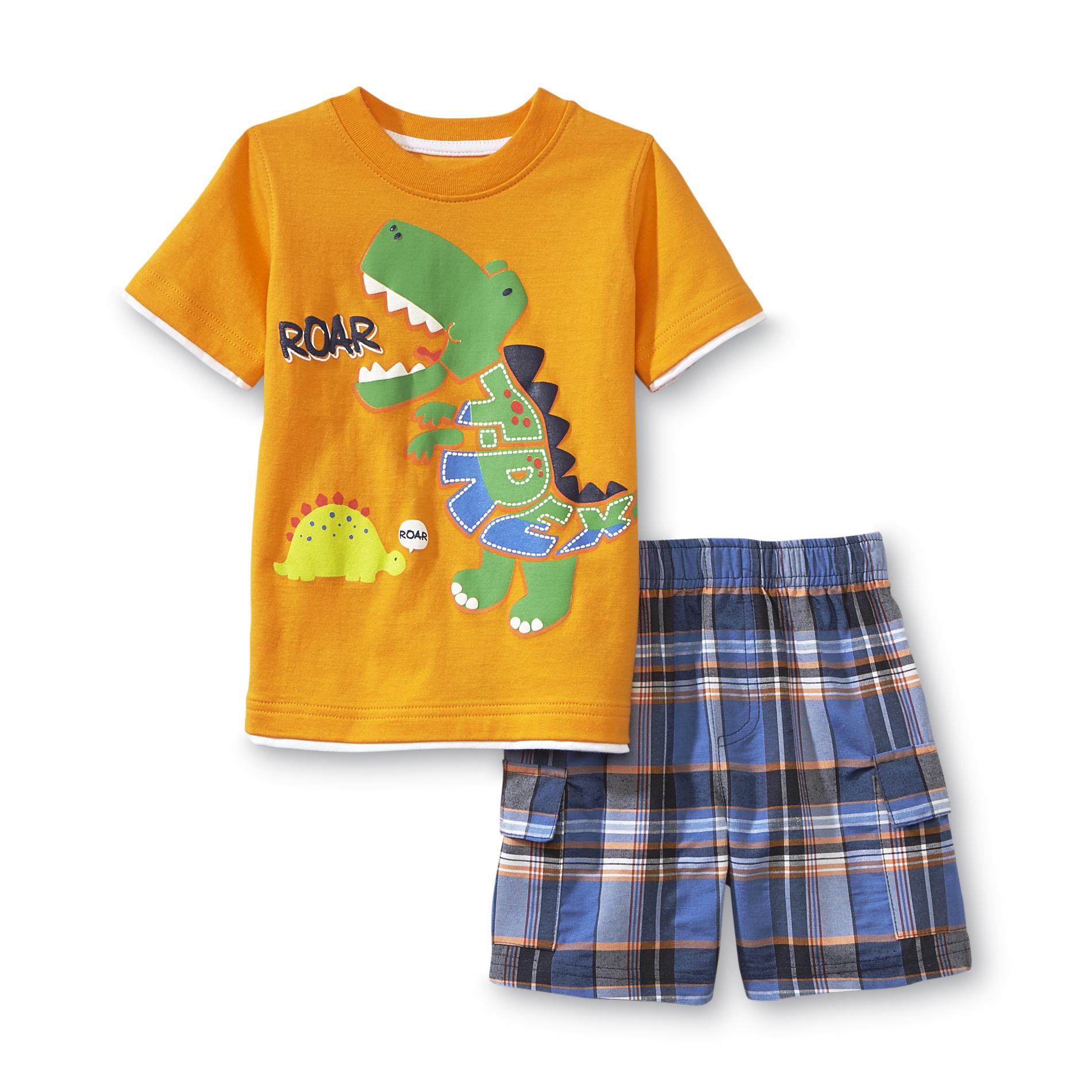 Kids Headquarters Newborn Boy's Graphic T-Shirt & Plaid Shorts - Dinosaur