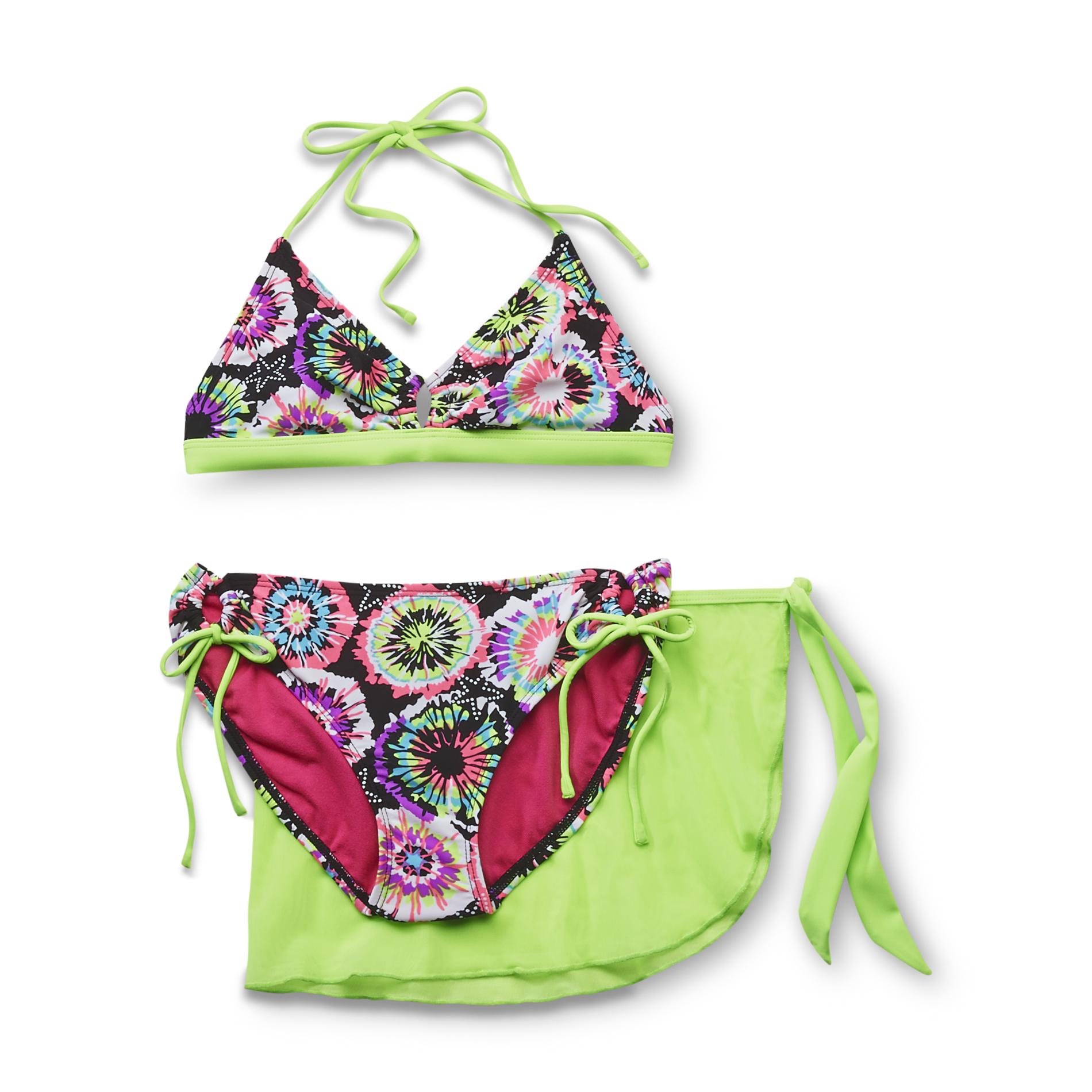 Joe Boxer Girl's Keyhole Bikini Top  Bottoms & Skirt - Neon Floral