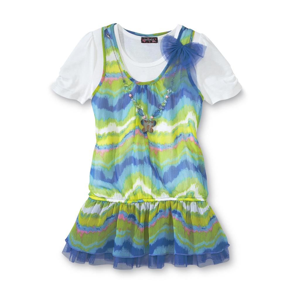 Tempted Apparel Girl's Layered-Look Dress & Necklace - Tie-Dye Striped