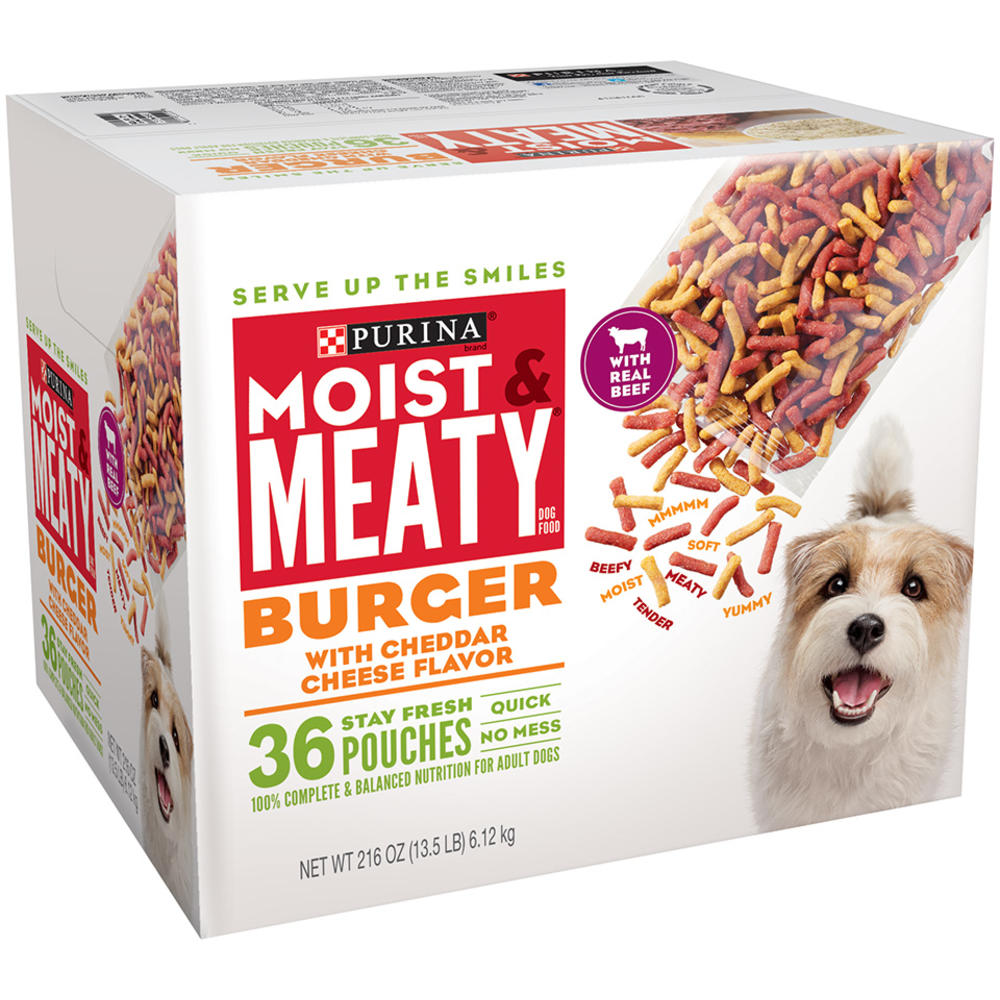 Purina Moist & Meaty Burger with Cheddar Cheese Flavor Dog Food 36-6 oz. Stay Fresh Pouches
