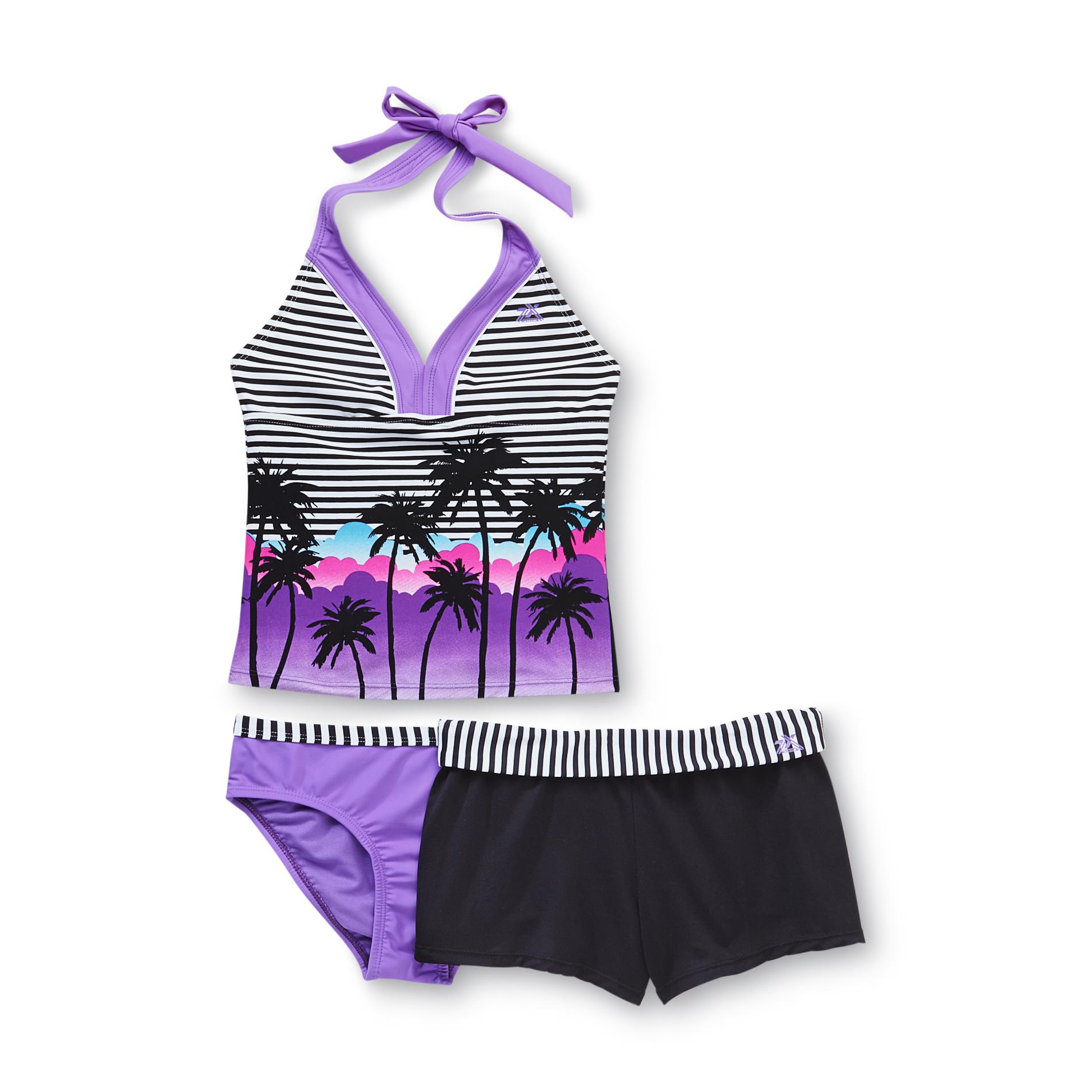 ZeroXposur Girl's 3-Piece Halter Bikini - Stripes & Palm Trees
