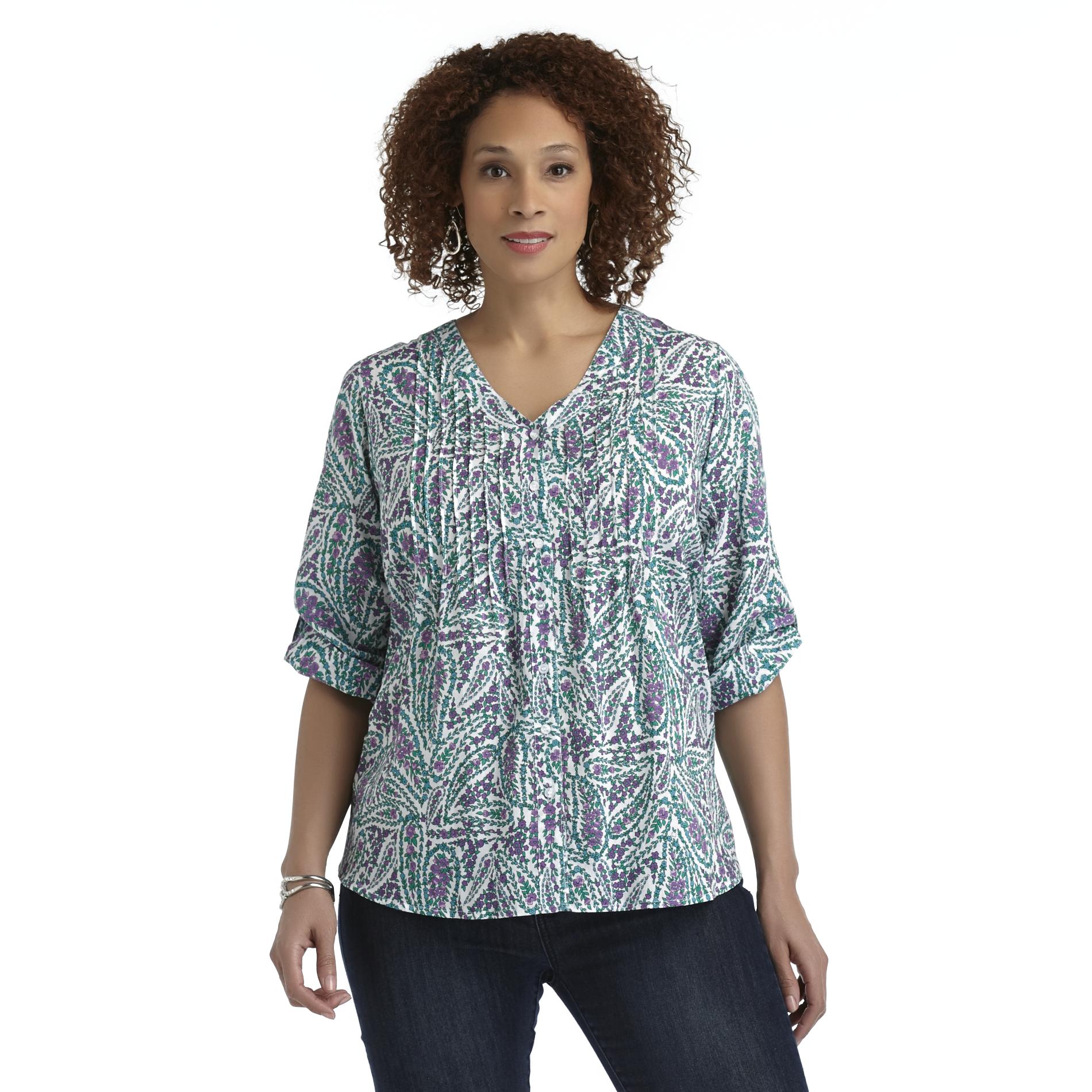 Basic Editions Women's Plus Pintuck Shirt - Floral