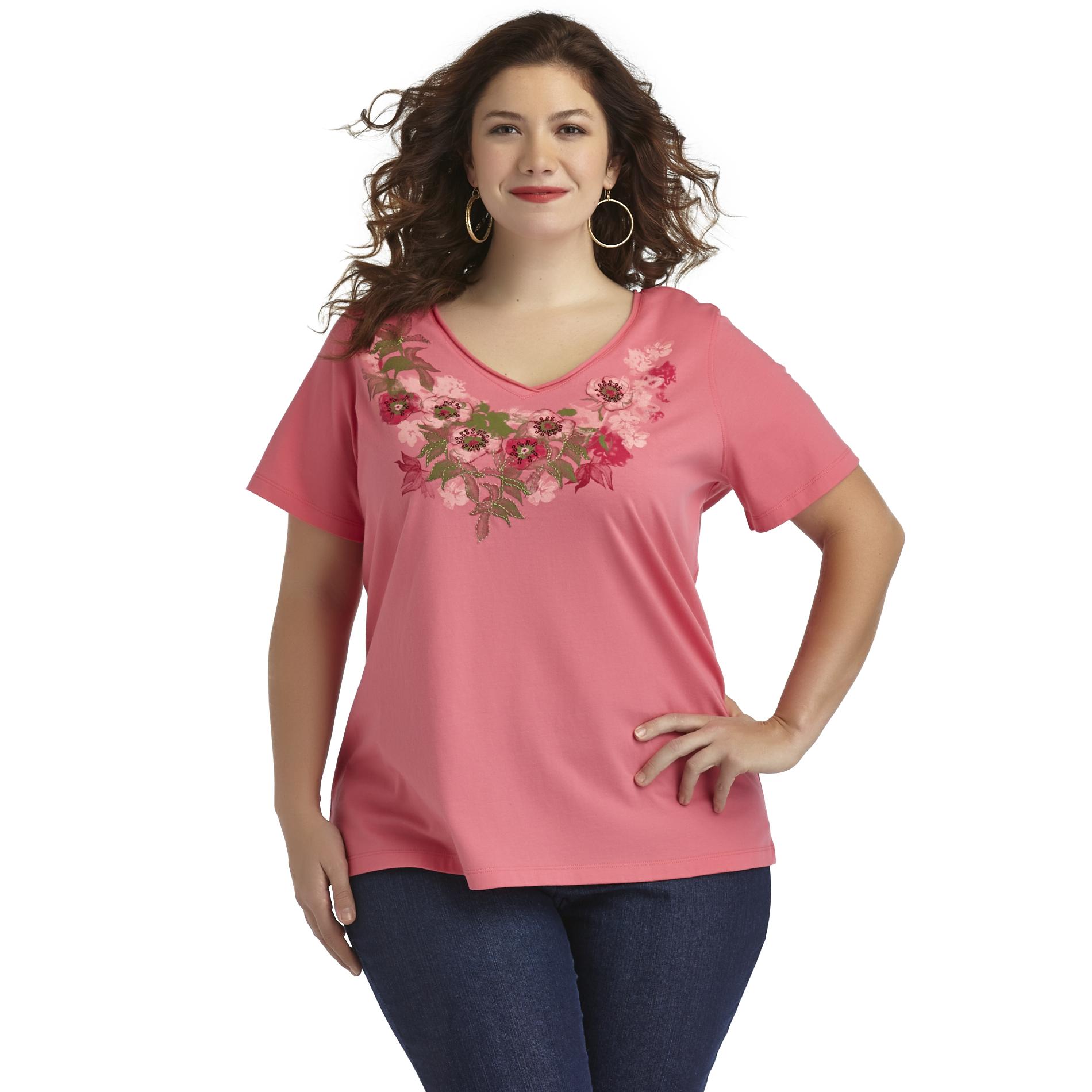 Laura Scott Women's Plus Embellished T-Shirt - Floral