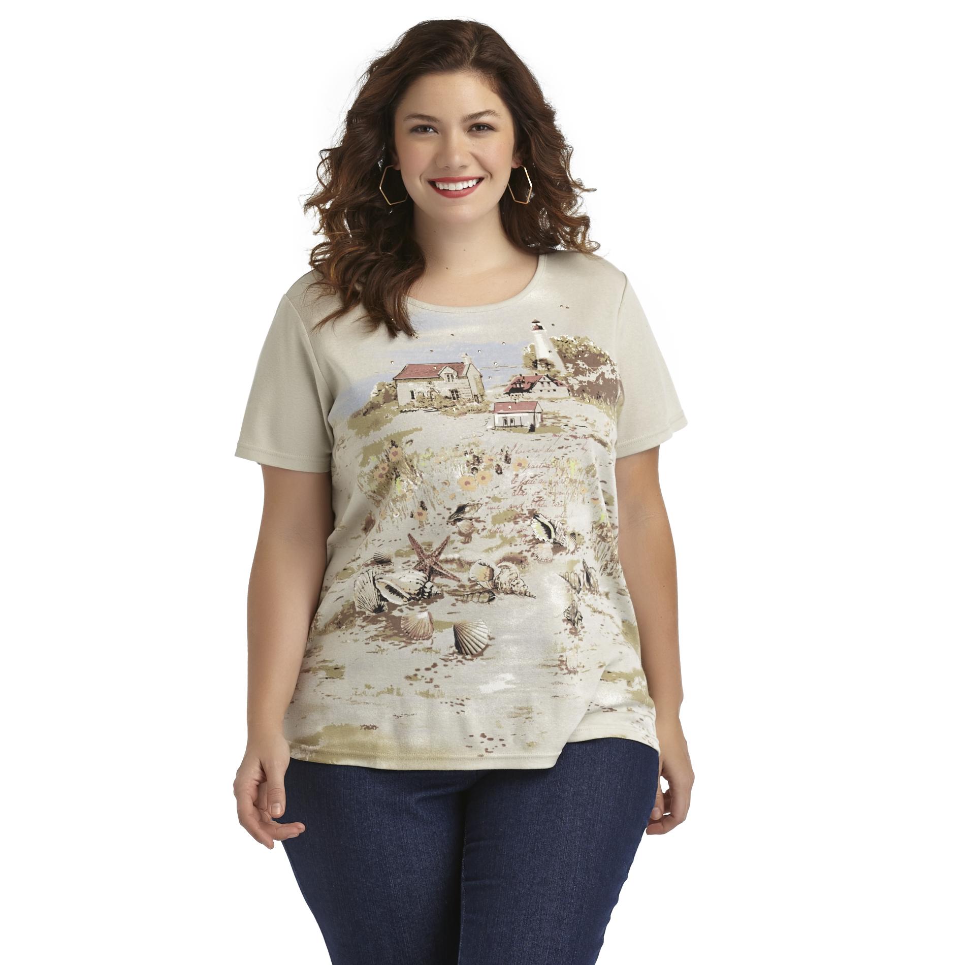 Basic Editions Women's Plus Short-Sleeve Graphic Top - Lighthouse