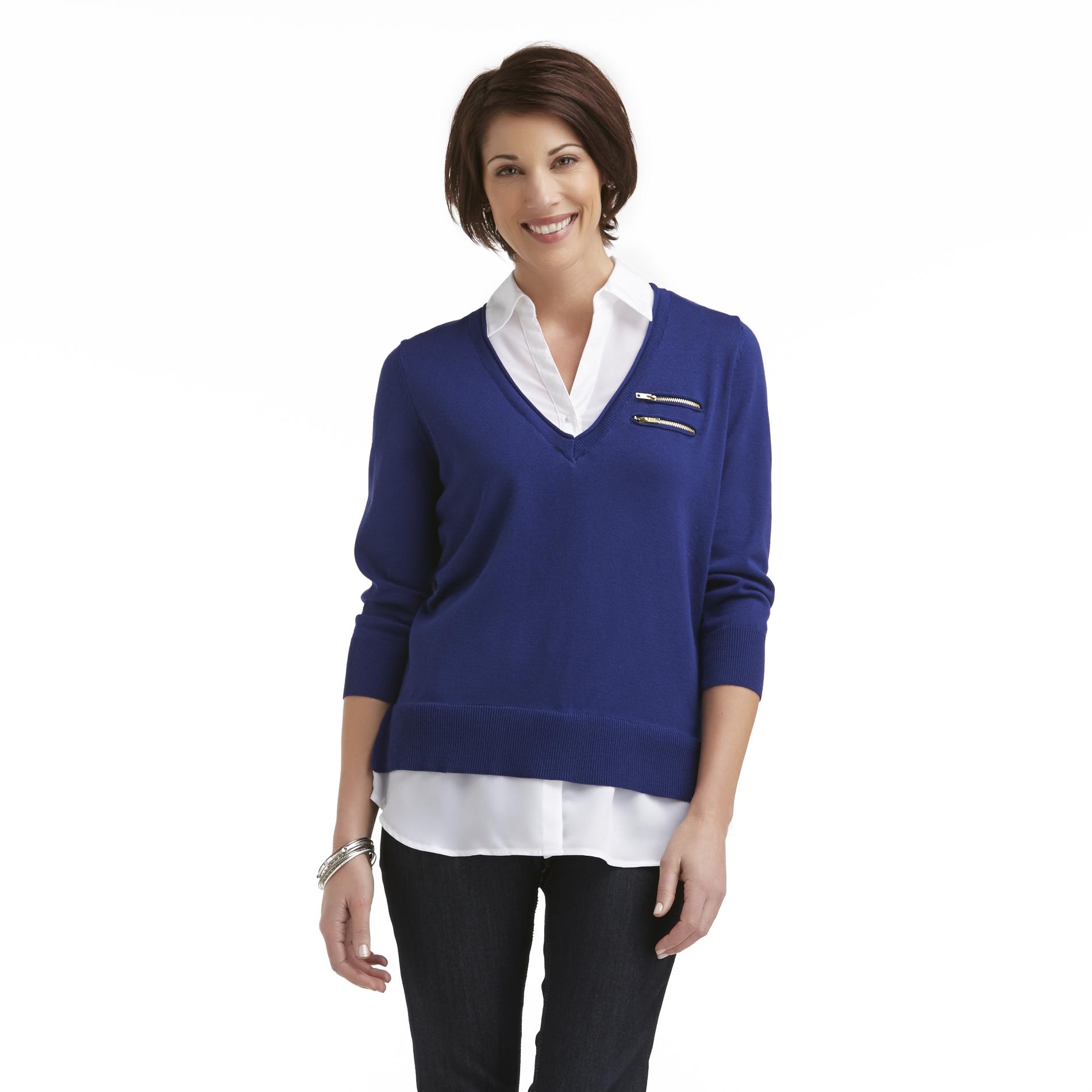 Jaclyn Smith Women's Layered-Look V-Neck Sweater