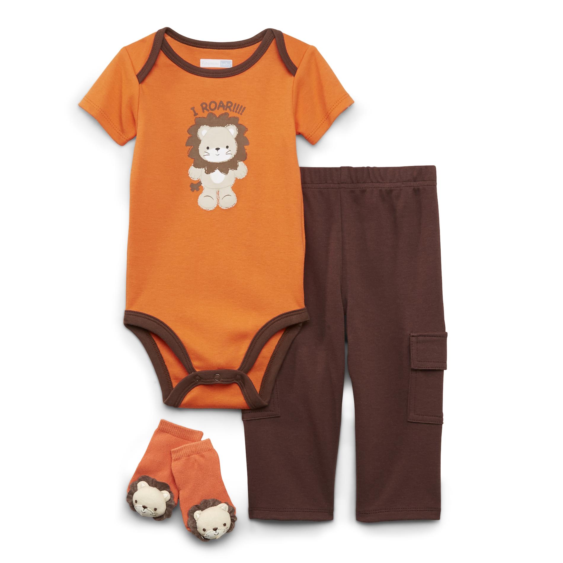 Vitamins Baby Newborn Boy's Bodysuit  Pants & Rattle Socks - Lion