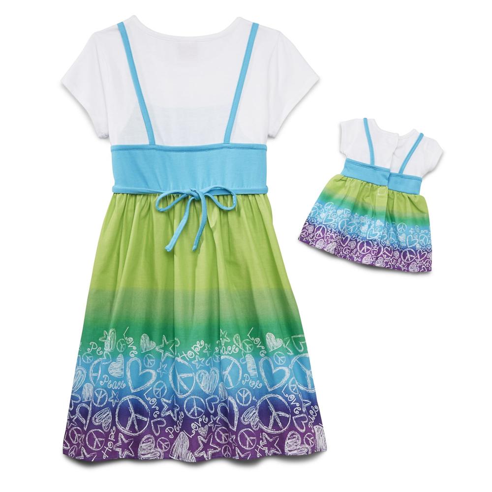 What A Doll Girl's Layered-Look Dress & Doll Outfit - Hearts & Peace Print