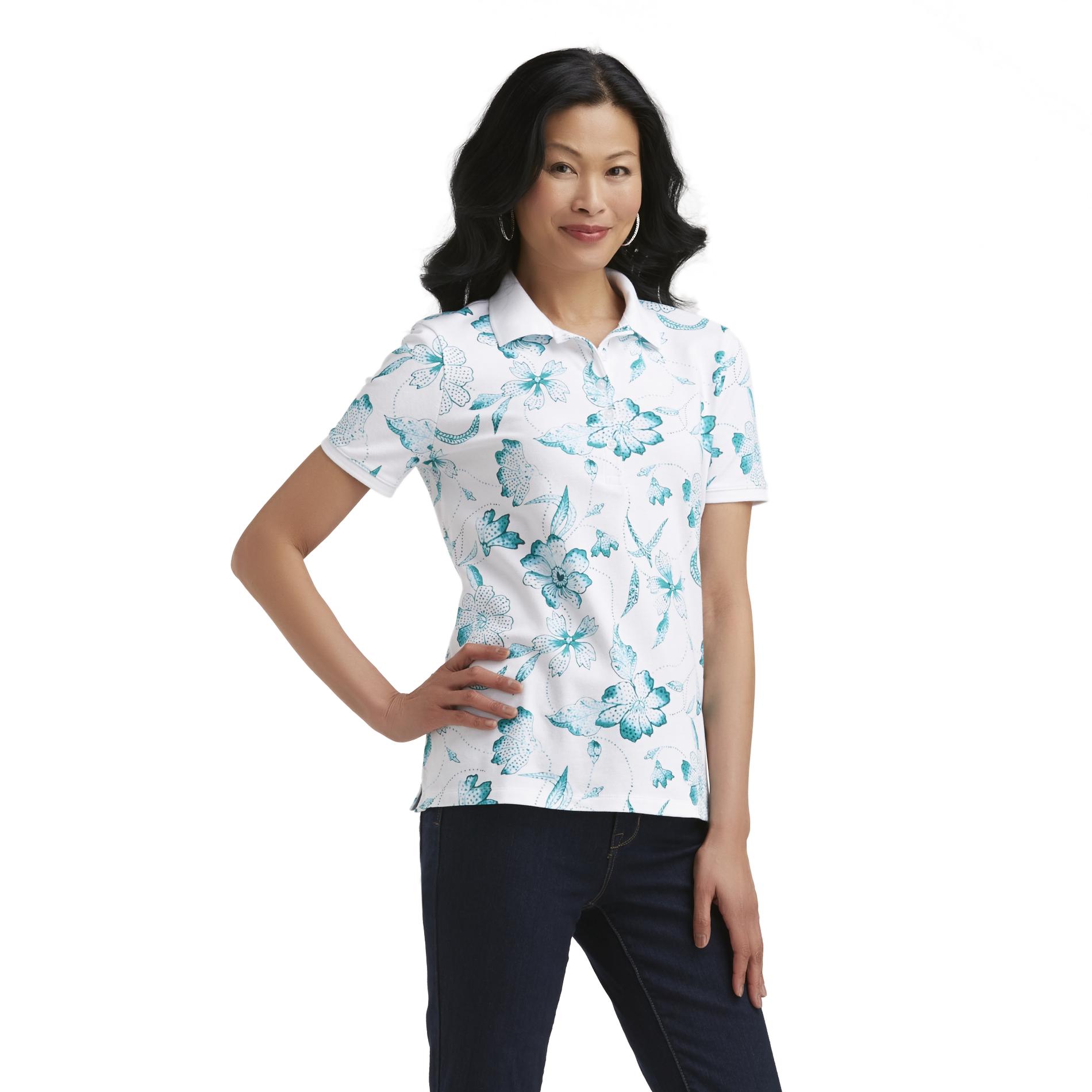 Laura Scott Women's Essential Comfort Polo Shirt - Floral Print