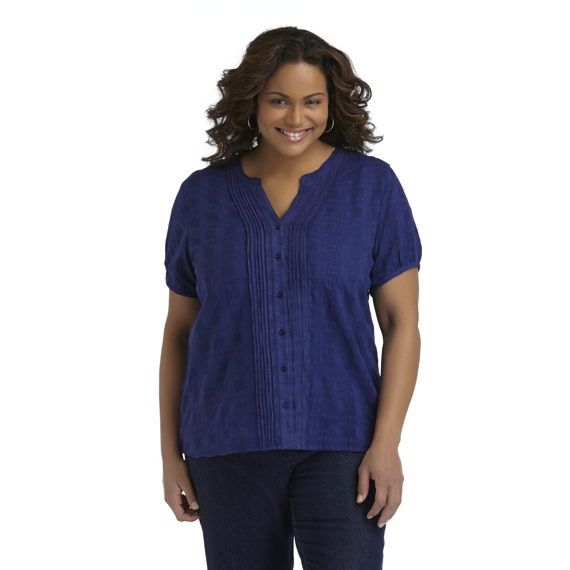 Basic Editions Women's Plus Textured Button-Front Shirt