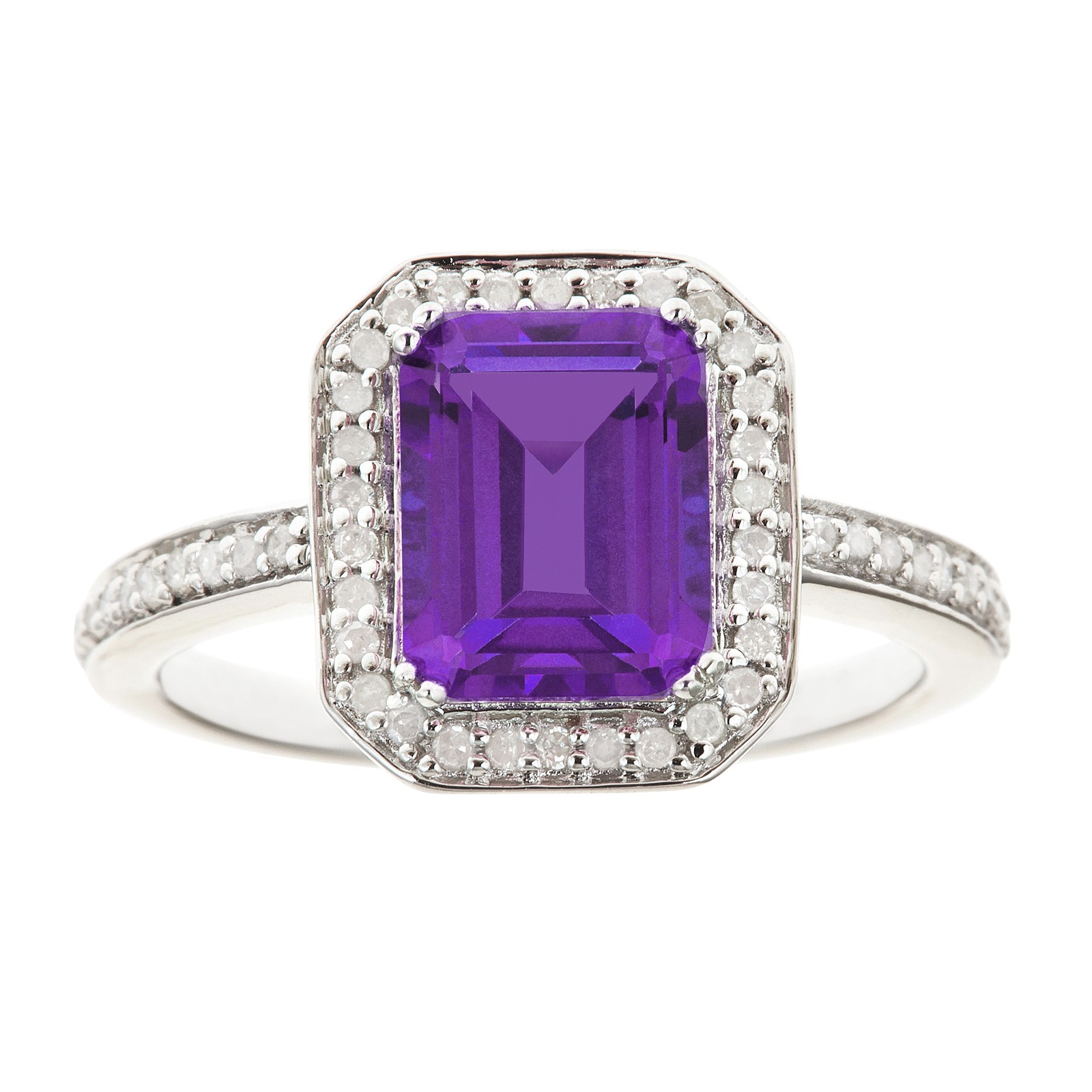 Ladies Sterling Silver Emerald Cut Amethyst and .25 cttw. Diamond Ring