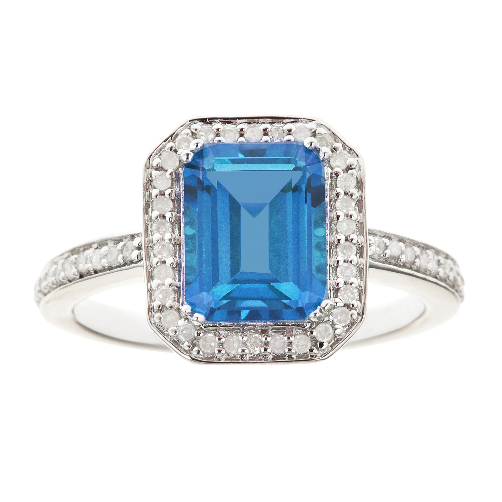 Ladies Sterling Silver Emerald Cut Blue Topaz and .25 cttw. Diamond Ring