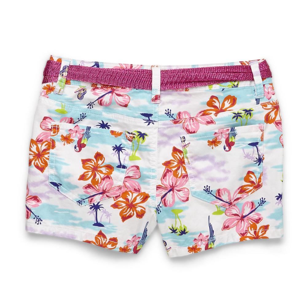 Route 66 Girl's Belted Twill Shorts - Hibiscus Print