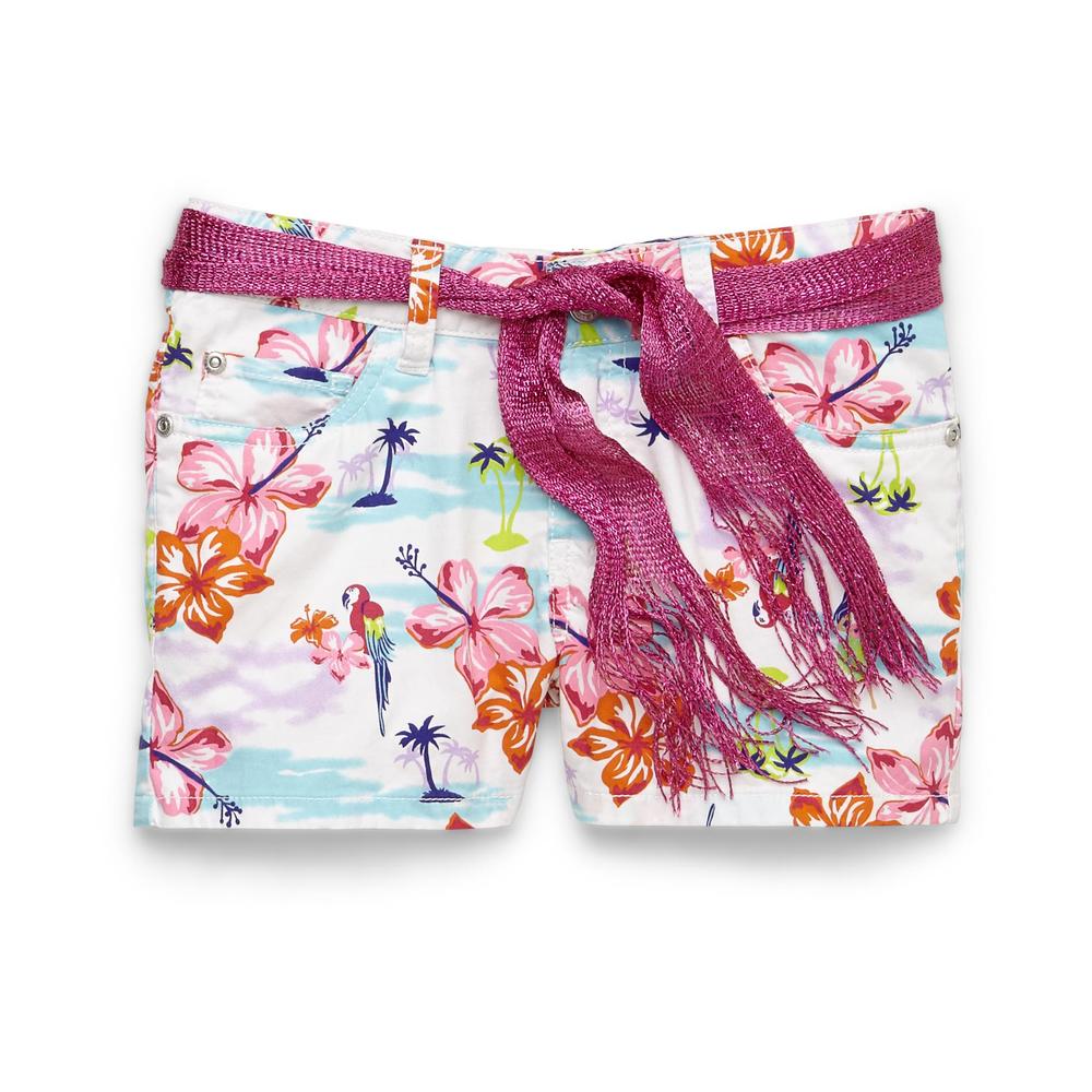 Route 66 Girl's Belted Twill Shorts - Hibiscus Print