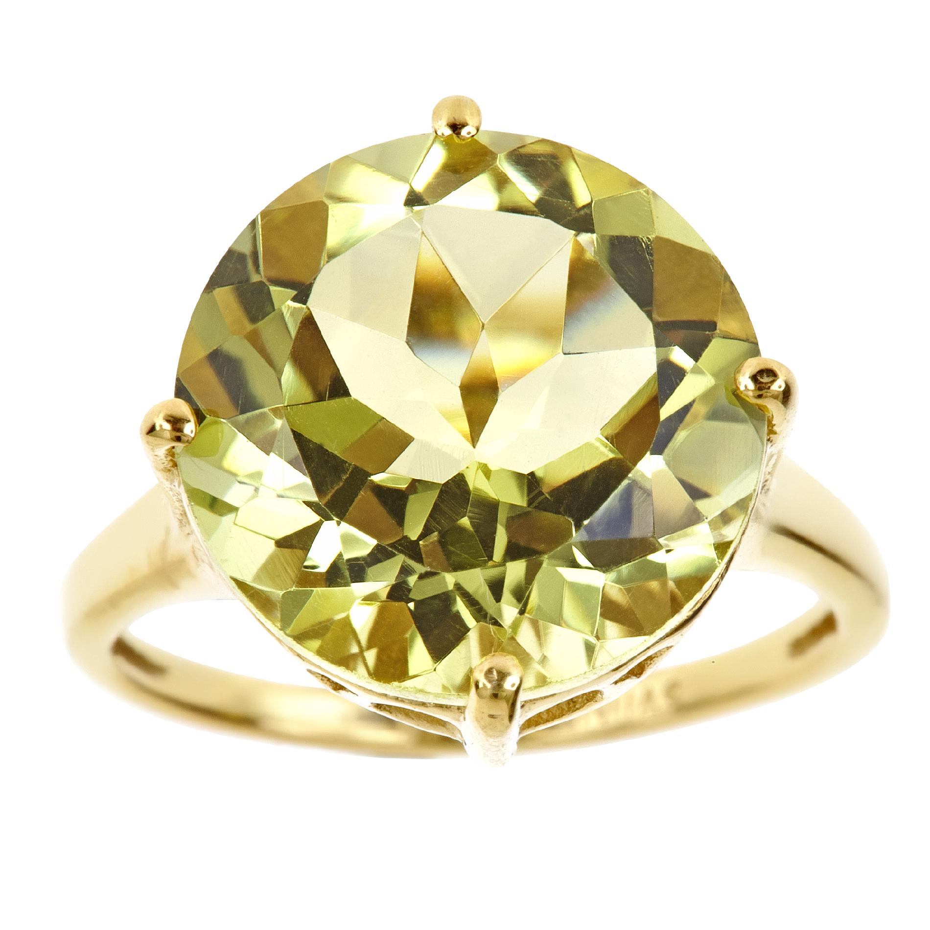 Ladies Sterling Silver 14K Yellow Plated Round Lime Quartz Ring