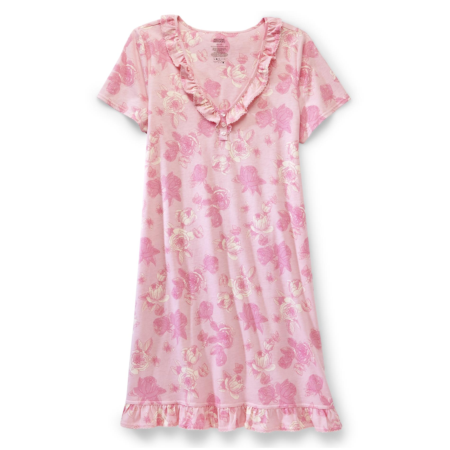 Pink K Women's Short-Sleeve Nightgown - Floral & Butterflies