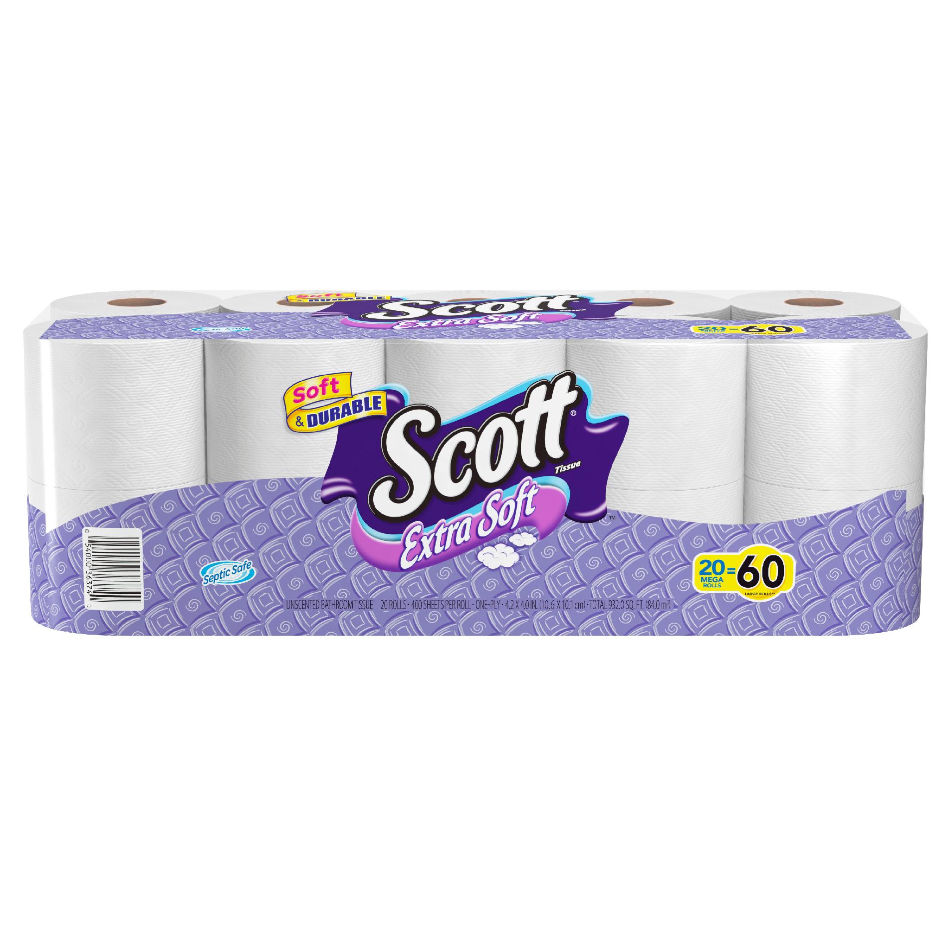 Scott Extra Soft Mega Roll Tissue, 20 Rolls