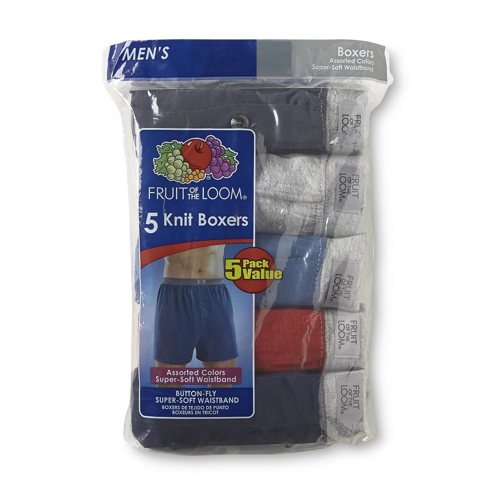 Fruit of the Loom Men&#8217;s Underwear Package of 5 Button Fly Knit Covered Waist Boxers Multicolor