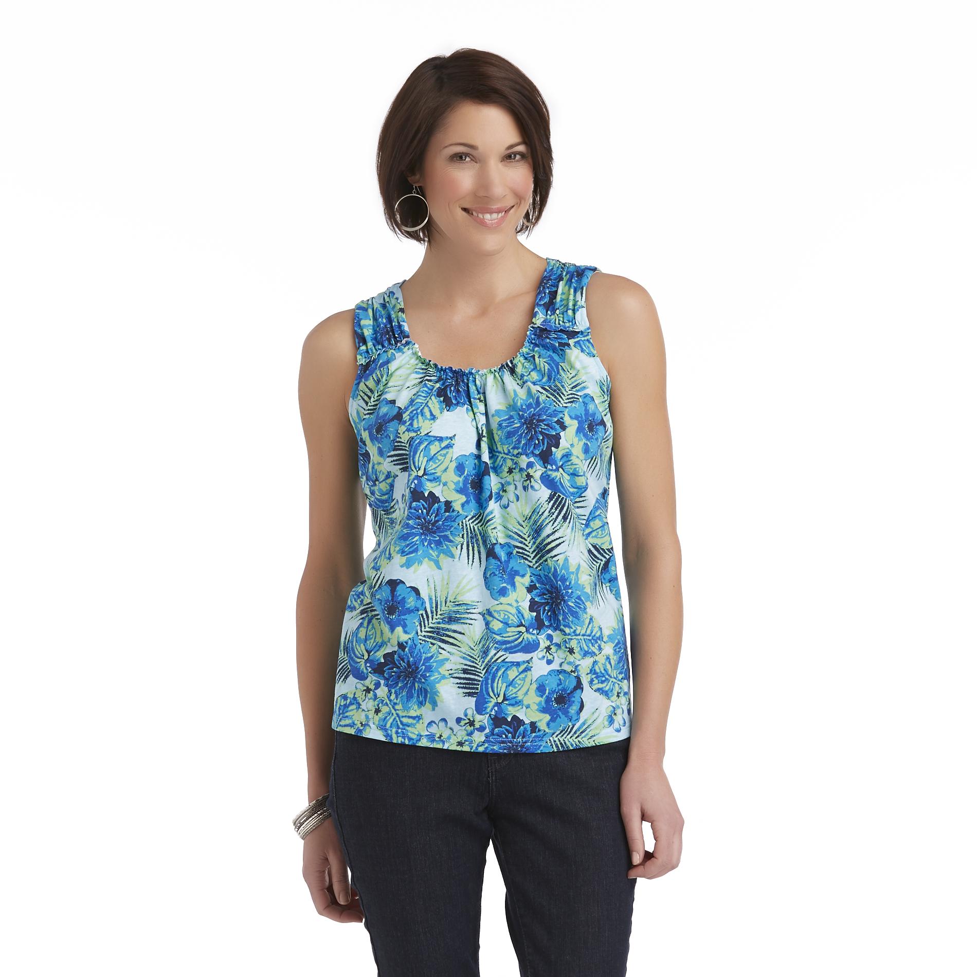Basic Editions Women's Ruched-Shoulder Tank Top - Tropical Floral