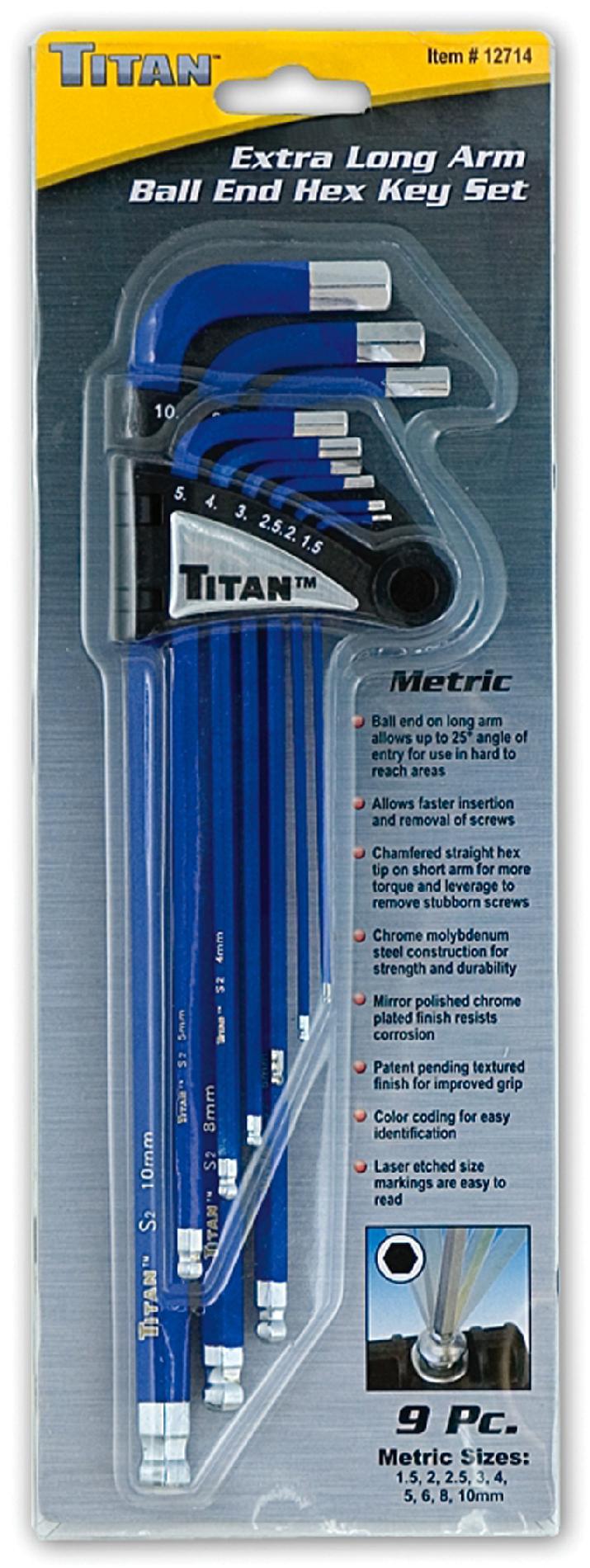 Titan Tools TIT12714 Metric Xtra Long Arm Ball End Hex Key Set - 9 Piece