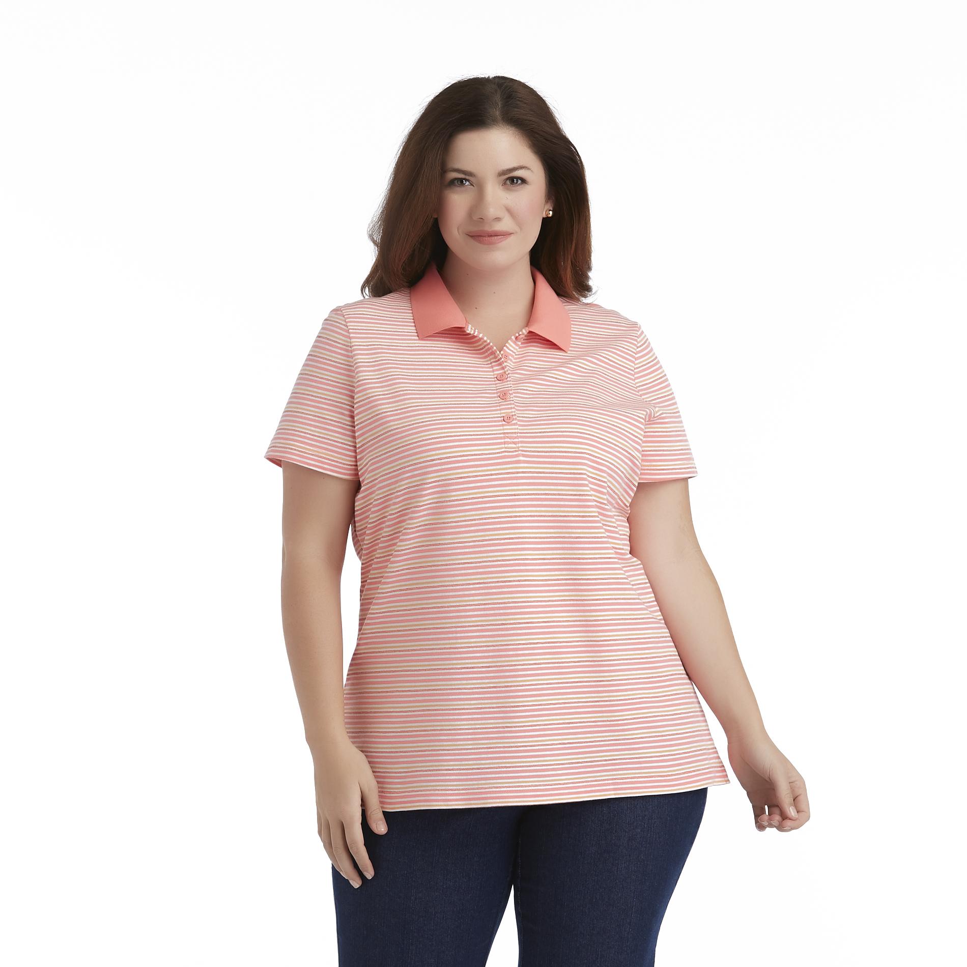 Basic Editions Women's Plus Pique Polo Shirt - Striped