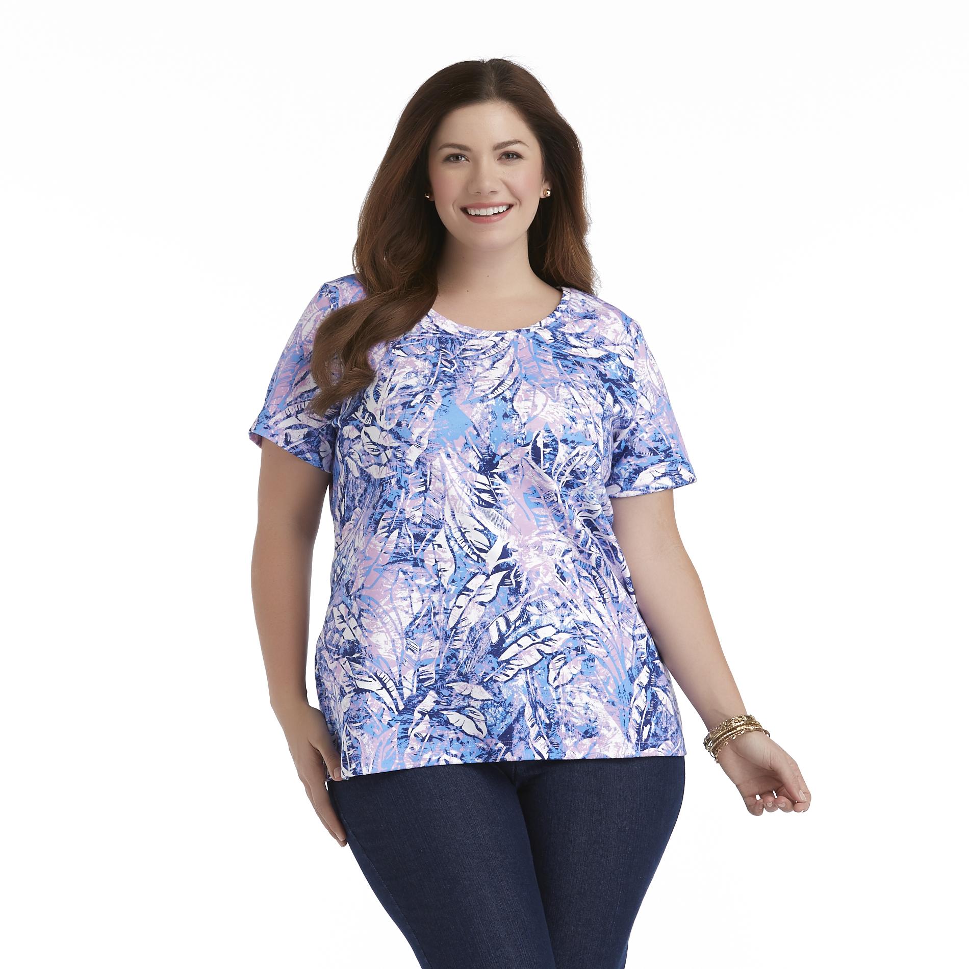 Basic Editions Women's Plus Relaxed Fit T-Shirt - Tropical Print