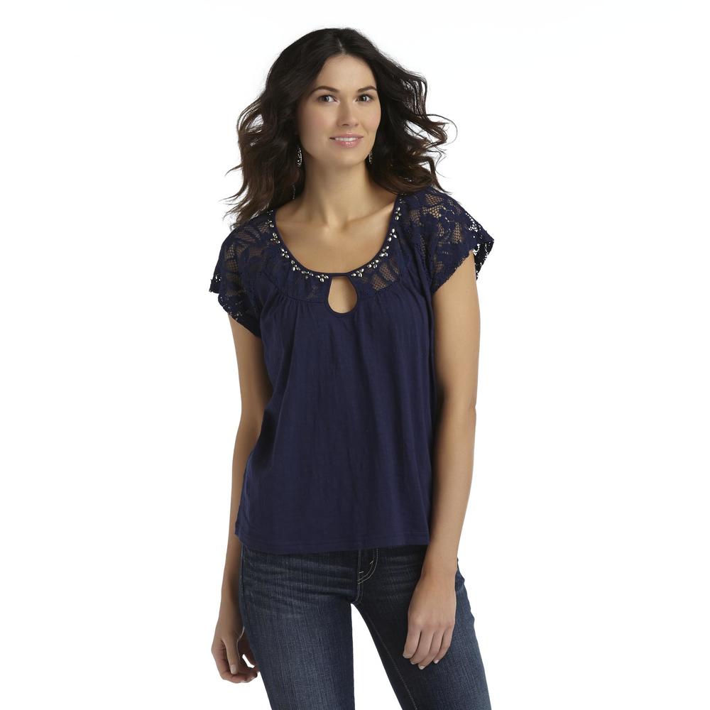 Notations Women's Embellished Keyhole Top - Lace Trim