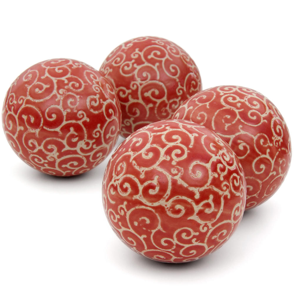 Oriental Furniture 4" Red and Beige Vines Porcelain Ball Set