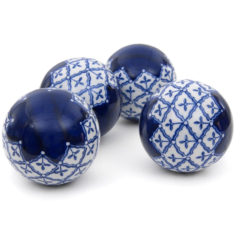 Oriental Furniture 4" Blue & White Medallions Porcelain Ball Set