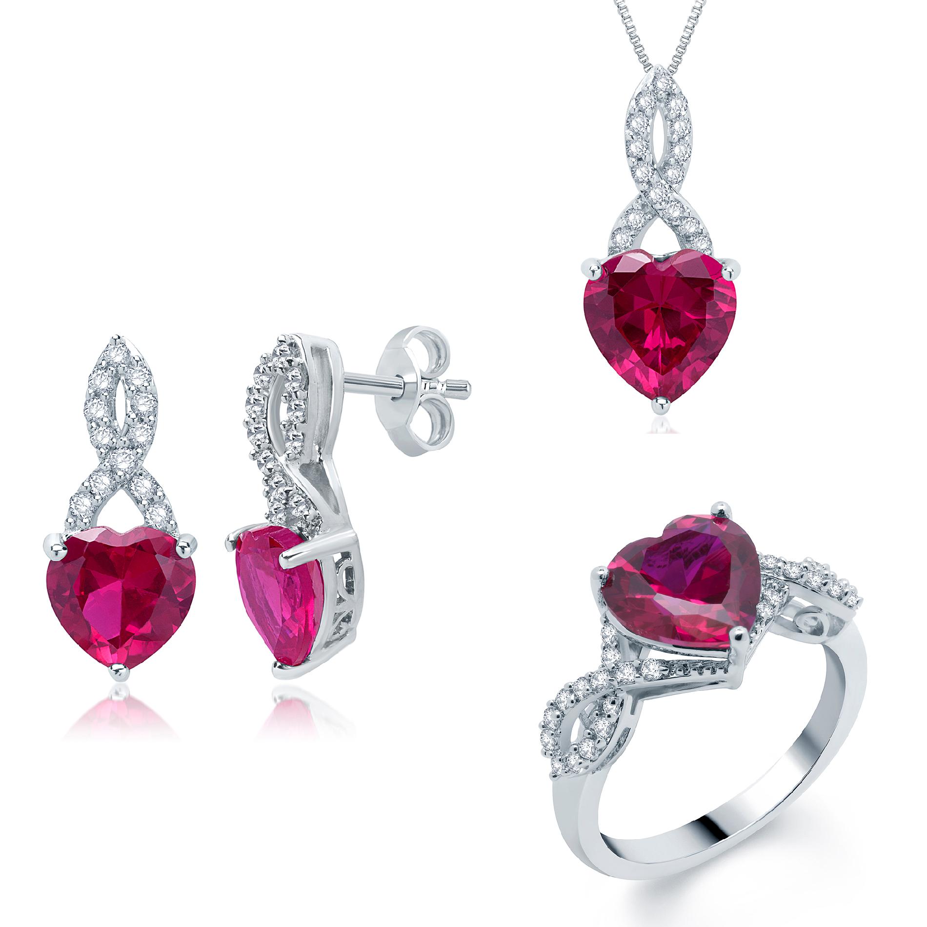 Rhodium Over Brass Lab Created Ruby and Diamond Heart 3 Piece Earrings  Pendant  and Ring Set