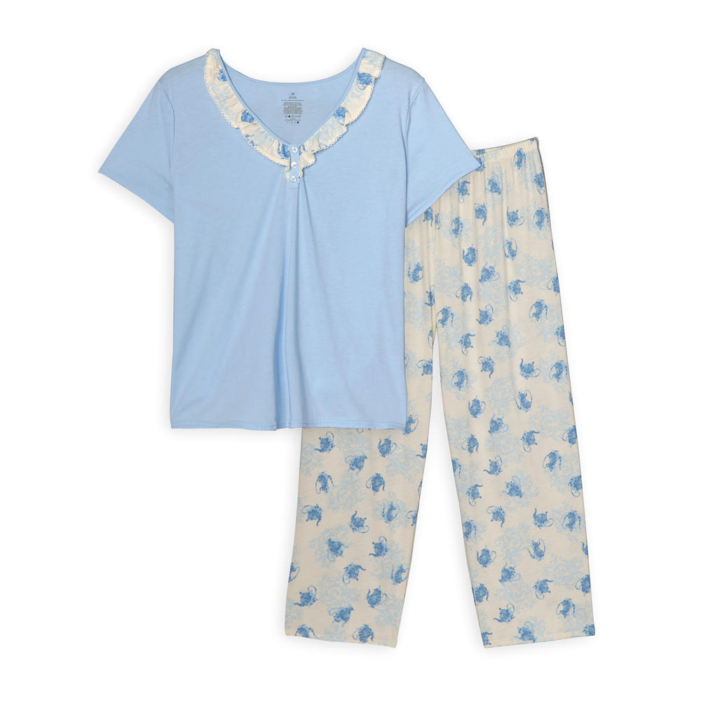 Pink K Women's Pajama Shirt & Pants Set - Blue Floral