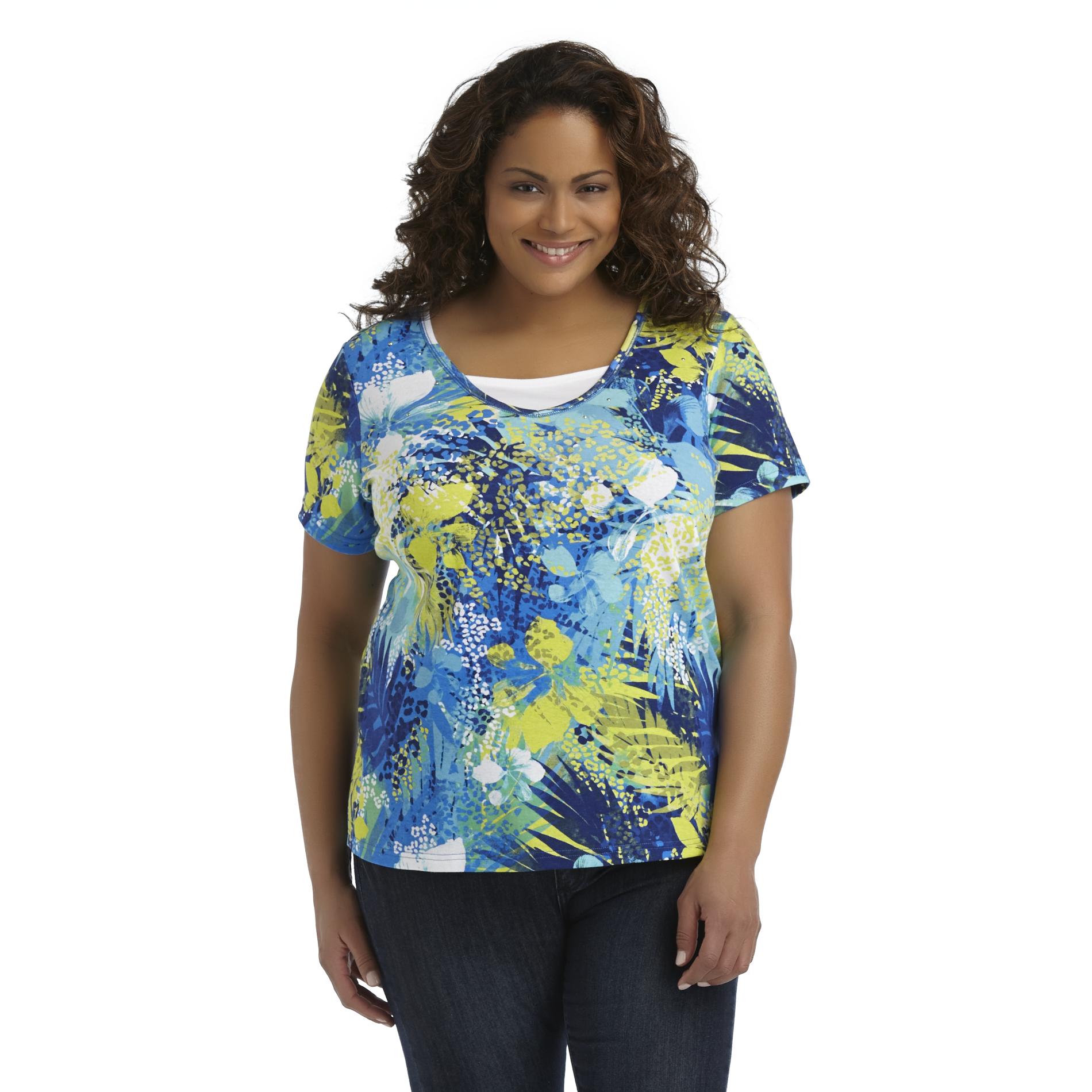 Basic Editions Women's Plus Layered-Look V-Neck T-Shirt - Floral