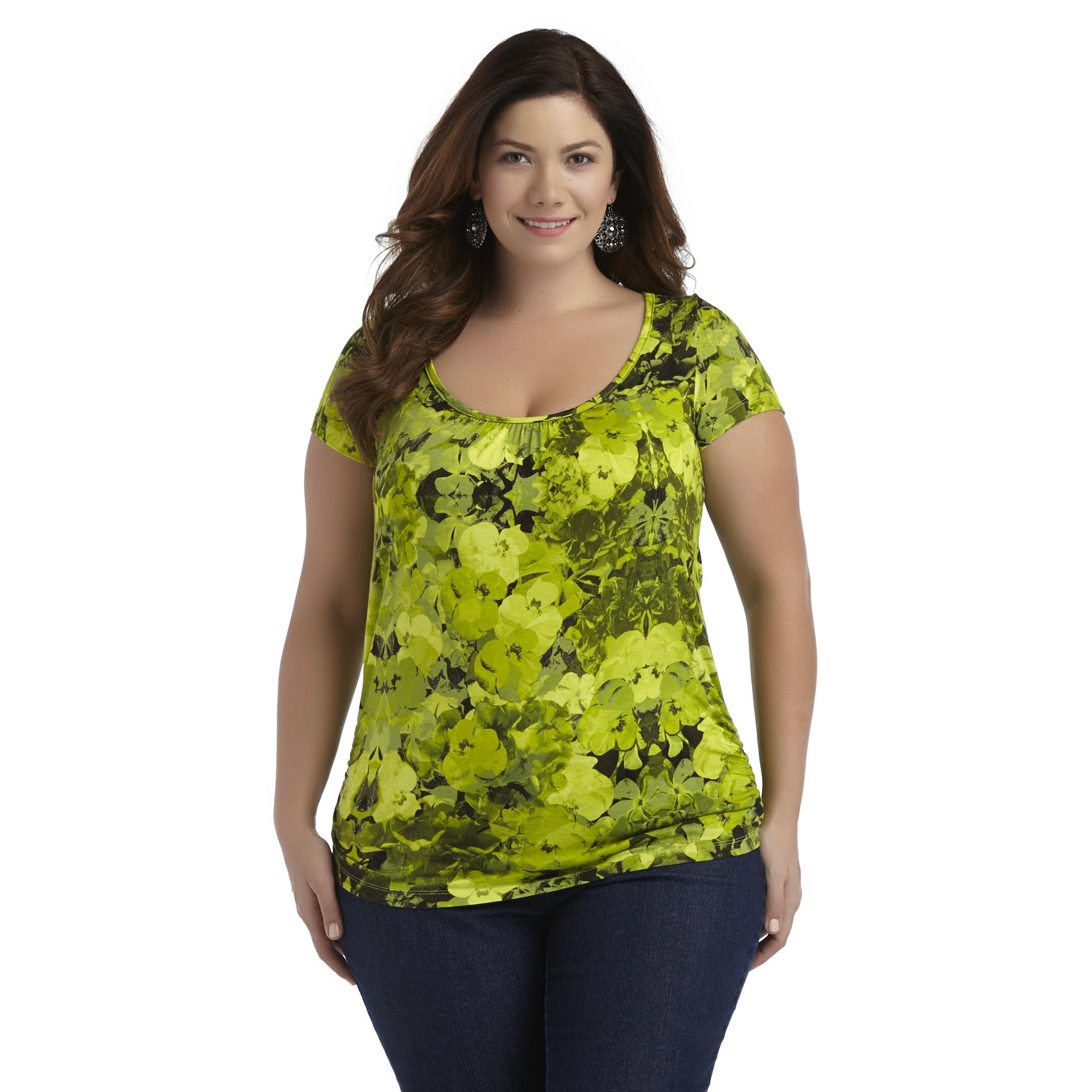 Beverly Drive Women's Plus Cap Sleeve Ruched Top - Tropical