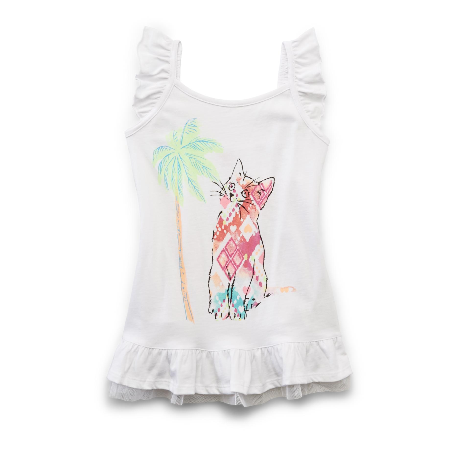 Toughskins Girl's Flutter Tunic - Neon Cat & Palm Tree