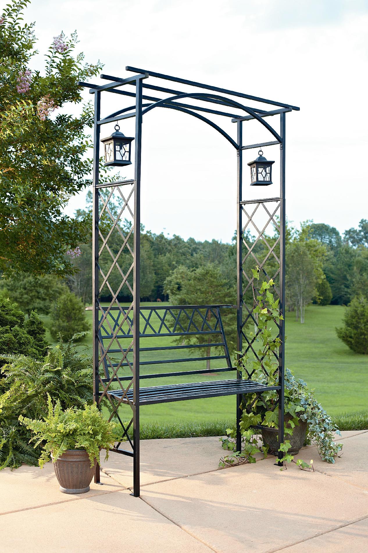 Garden Oasis Lattice Arbor with Bench and Two Lanterns
