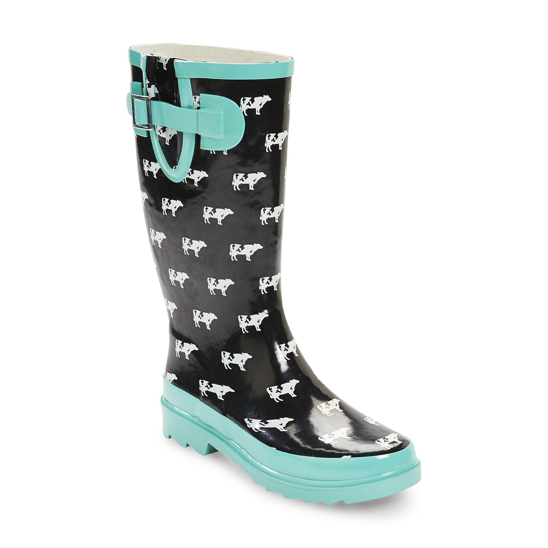 Western Chief Women's Black/White Water-Resistant Pull-On Rain Boot - Cow Crossing