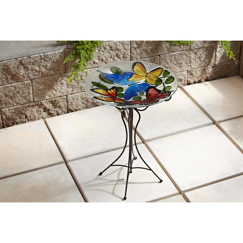 Garden Oasis Glass Birdbath with Iron Stand- Butterfly
