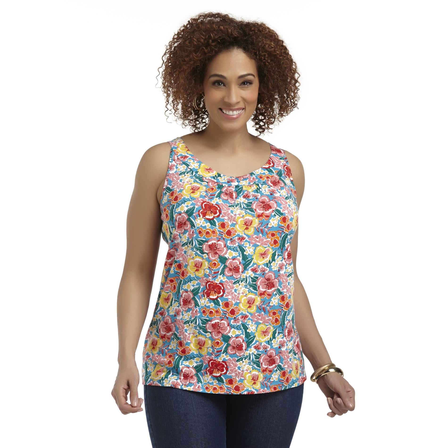 Basic Editions Women's Plus Shirred Tank Top - Floral