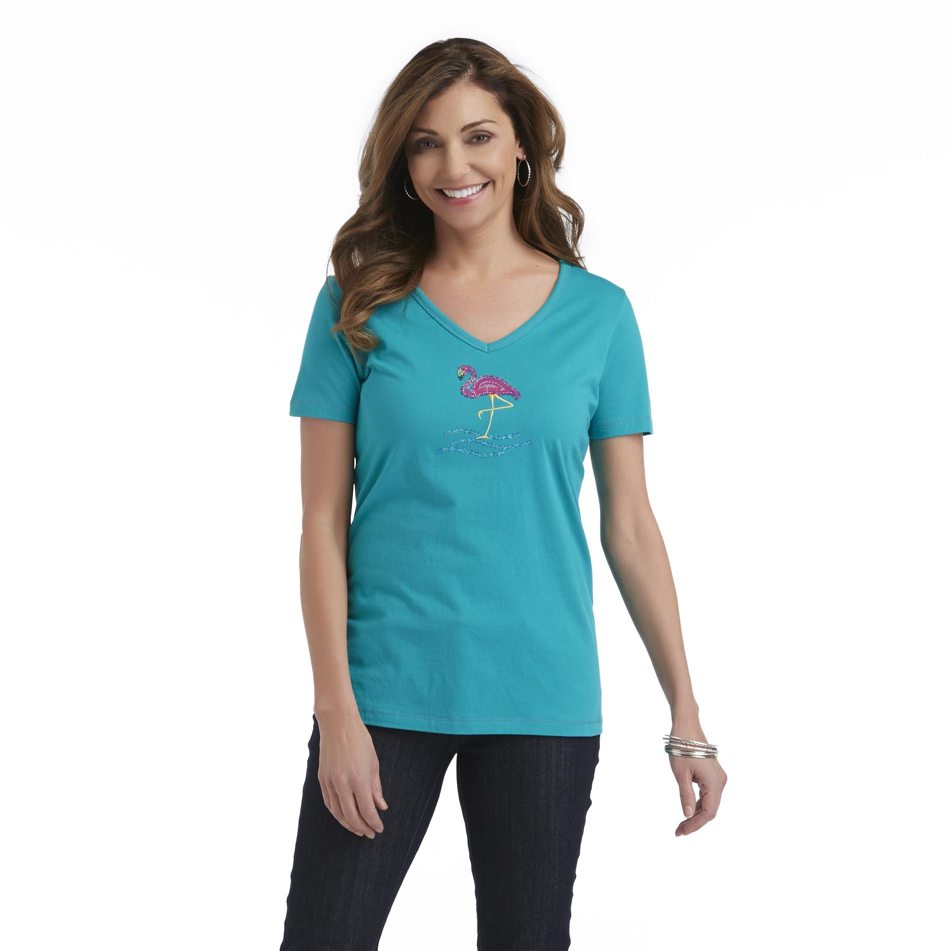 Laura Scott Women's Tropical Shimmer V-Neck T-Shirt - Flamingo