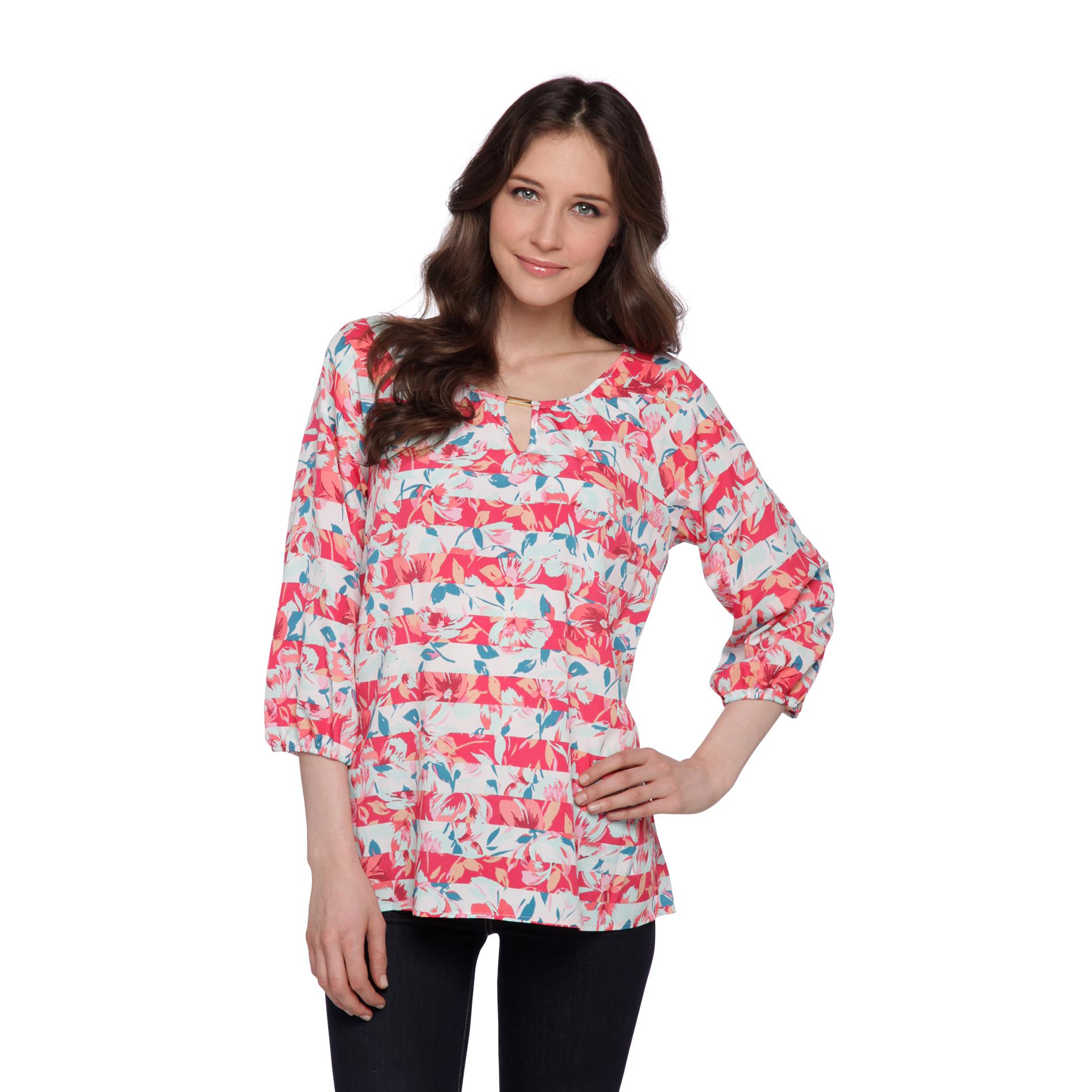 Jaclyn Smith Women's Keyhole Blouse - Floral Striped