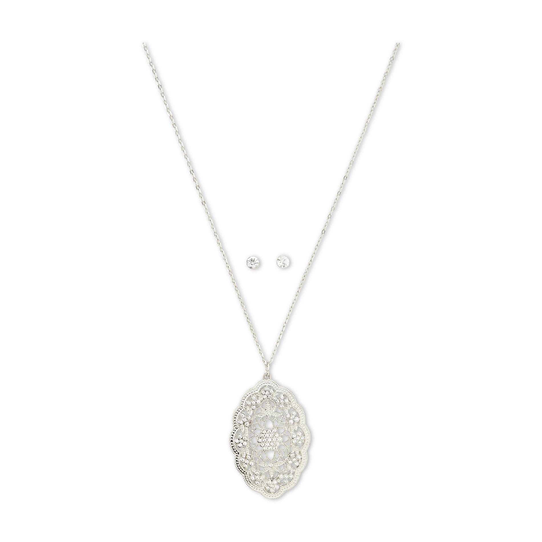 Jaclyn Smith Women's Silvertone Pendant Necklace  Earrings & Gift Box