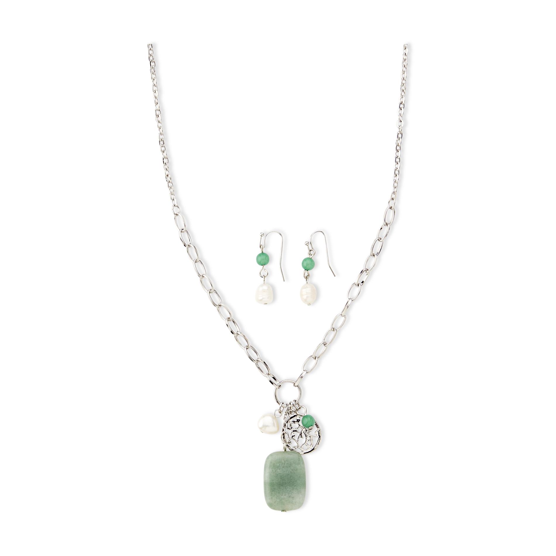Jaclyn Smith Women's Silvertone Green Quartz Charm Pendant Necklace  Drop Earrings & Gift Box