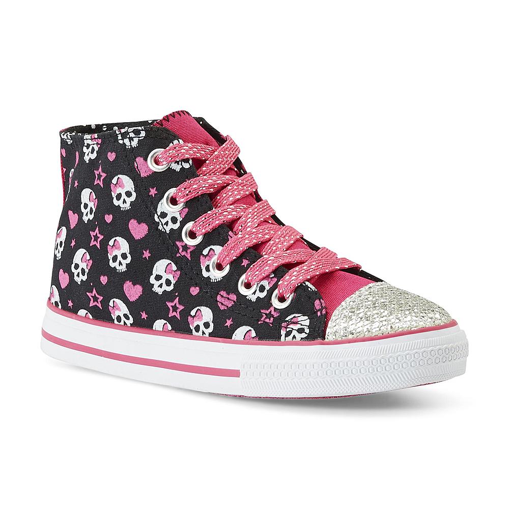 Bongo Girl's Kathy Glittered Skull Print Black/Pink High-Top Sneaker
