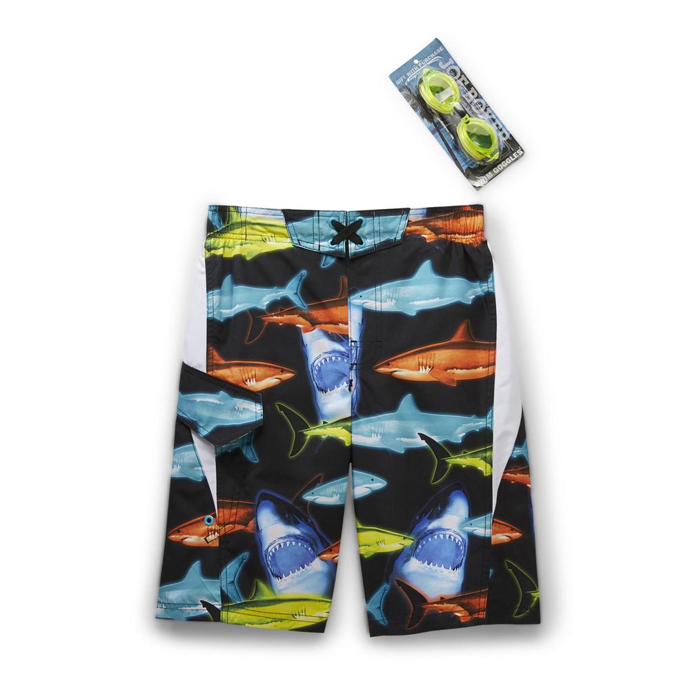 Joe Boxer Boy's Boardshorts & Goggles - Neon Sharks